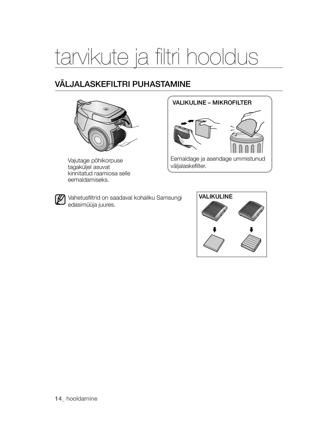 Samsung VC20AHNDC6B/SB manual Väljalaskefiltri Puhastamine, Valikuline Mikrofilter, Vajutage põhikorpuse, Väljalaskefilter 