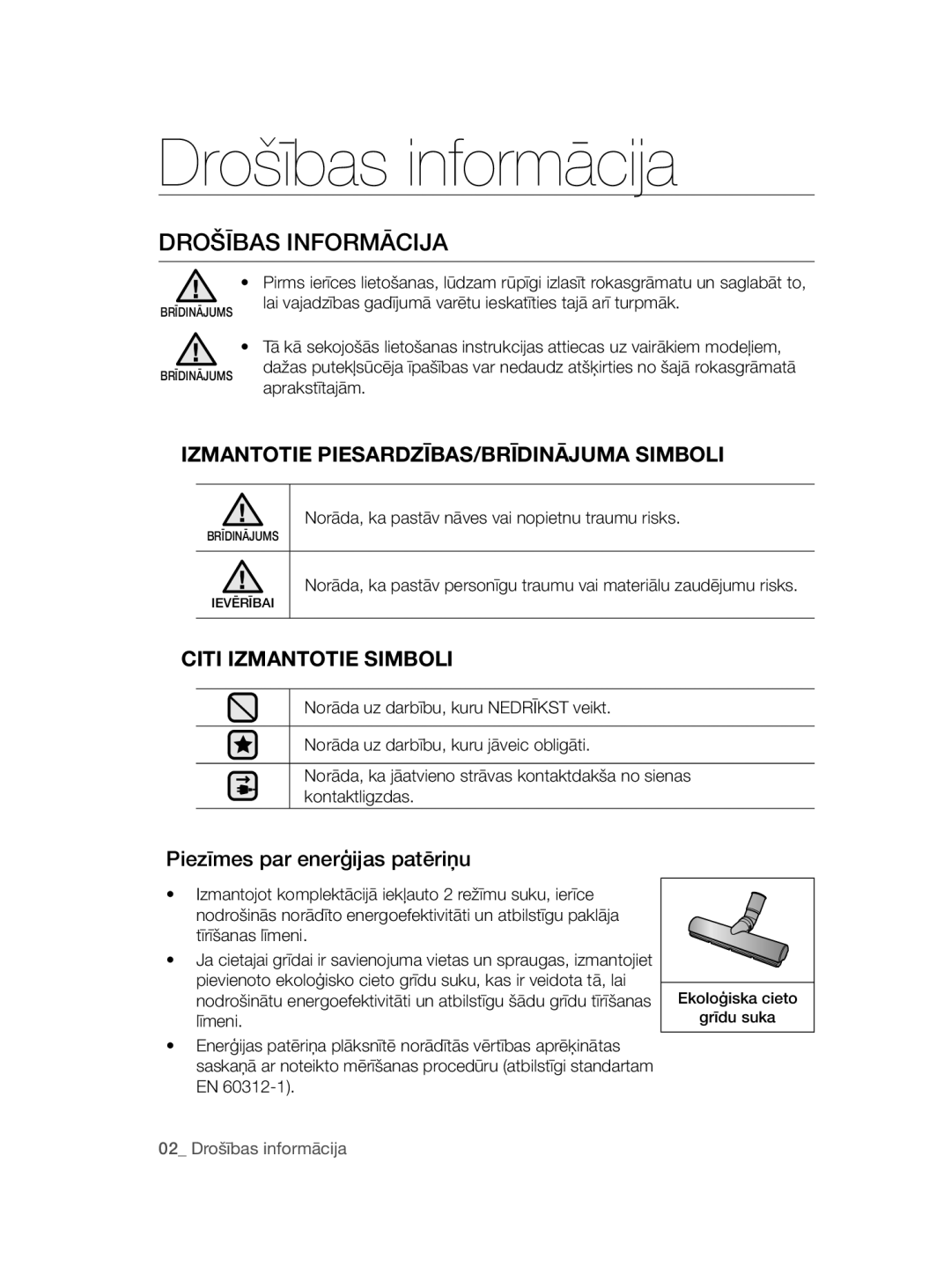 Samsung VC20AHNDCNC/SB manual Drošības informācija, Drošības Informācija, Izmantotie PIESARDZĪBAS/BRĪDINĀJUMA Simboli 