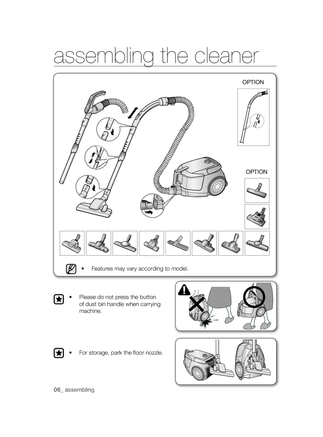 Samsung VC20AHNDCNC/SB, VC20AHNDC6B/SB, VC15QHNDC6B/SB, VC08QHNDC6B/SB, VC15RHNDCNC/SB manual Assembling the cleaner, Option 