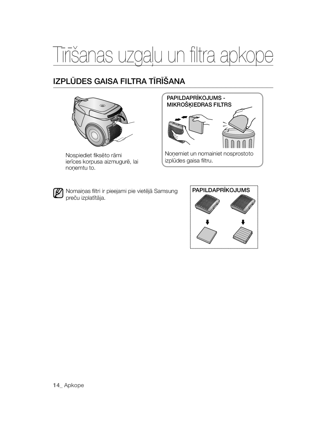 Samsung VC08QHNDC6B/SB Izplūdes Gaisa Filtra Tīrīšana, Papildaprīkojums Mikrošķiedras Filtrs, Nospiediet fiksēto rāmi 