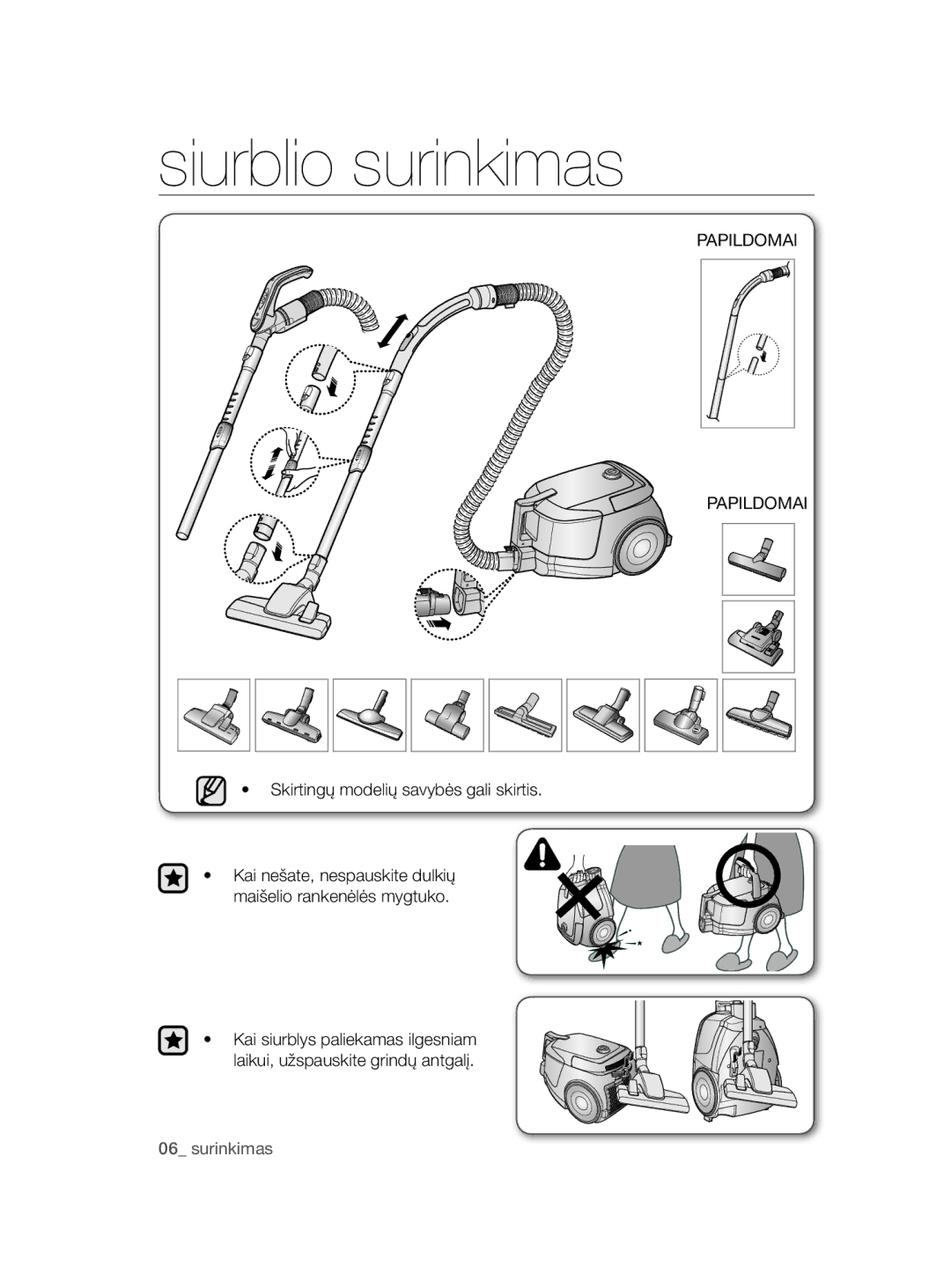 Samsung VC08QHNDC6B/SB, VC20AHNDC6B/SB manual Siurblio surinkimas, Papildomai, Skirtingų modelių savybės gali skirtis 