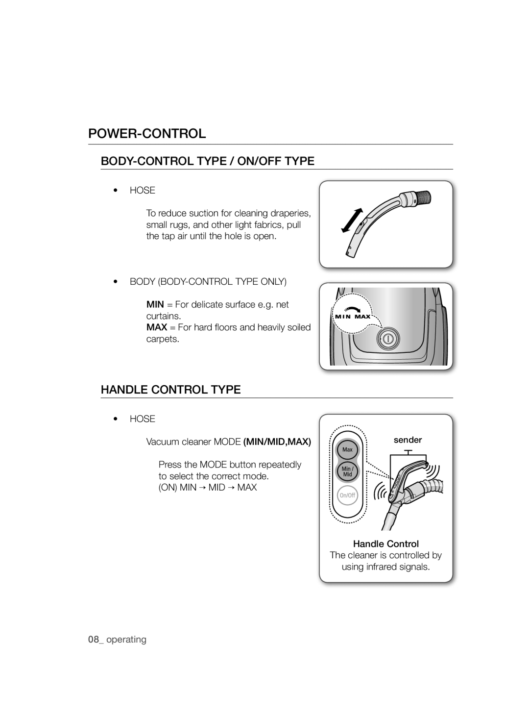 Samsung VC08QHNDC6B/SB, VC20AHNDC6B/SB Power-Control, Hose, Body BODY-CONTROL Type only, Vacuum cleaner Mode MIN/MID,MAX 