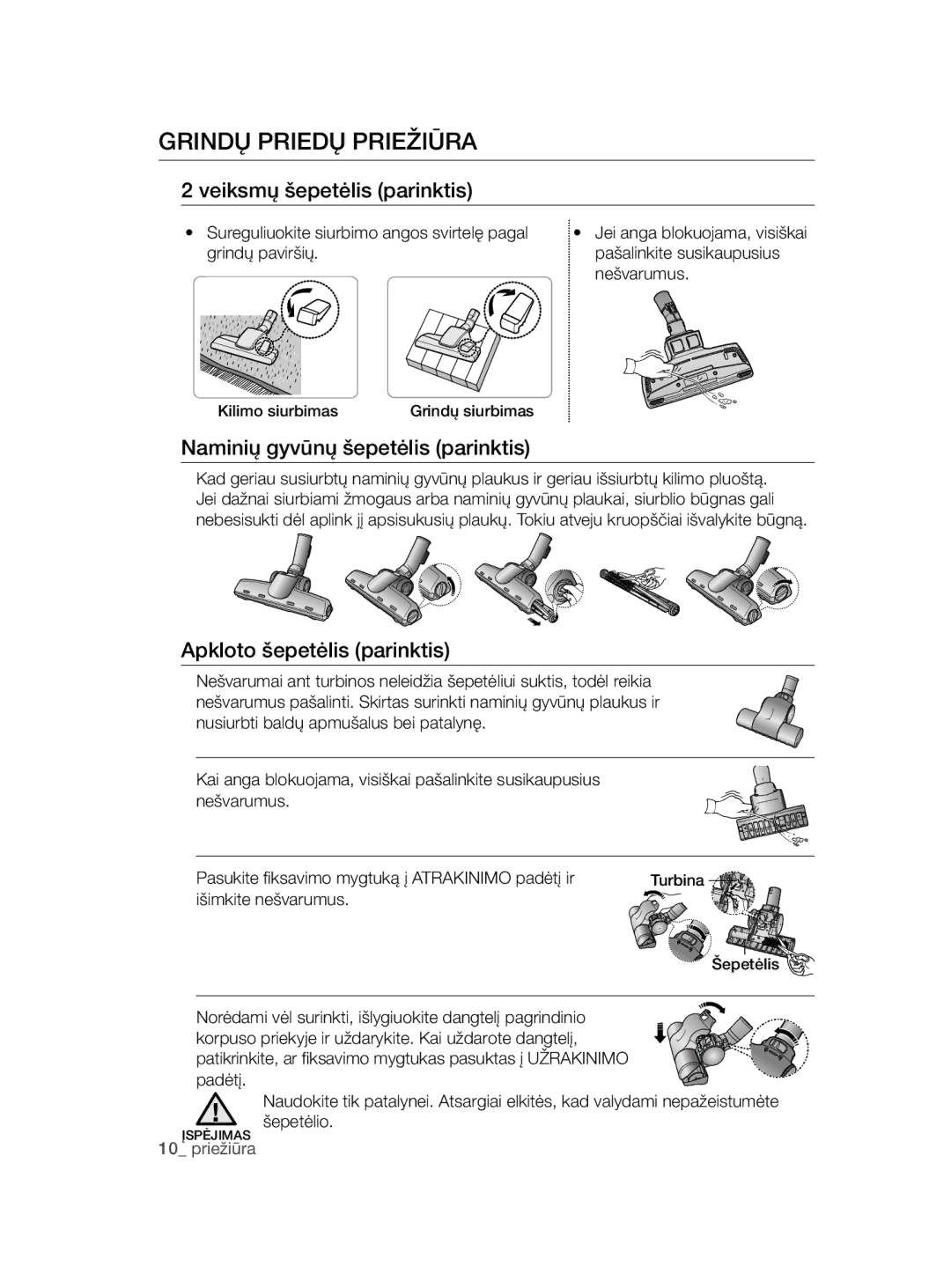 Samsung VC15QHNDC6B/SB manual Grindų Priedų Priežiūra, Veiksmų šepetėlis parinktis, Naminių gyvūnų šepetėlis parinktis 