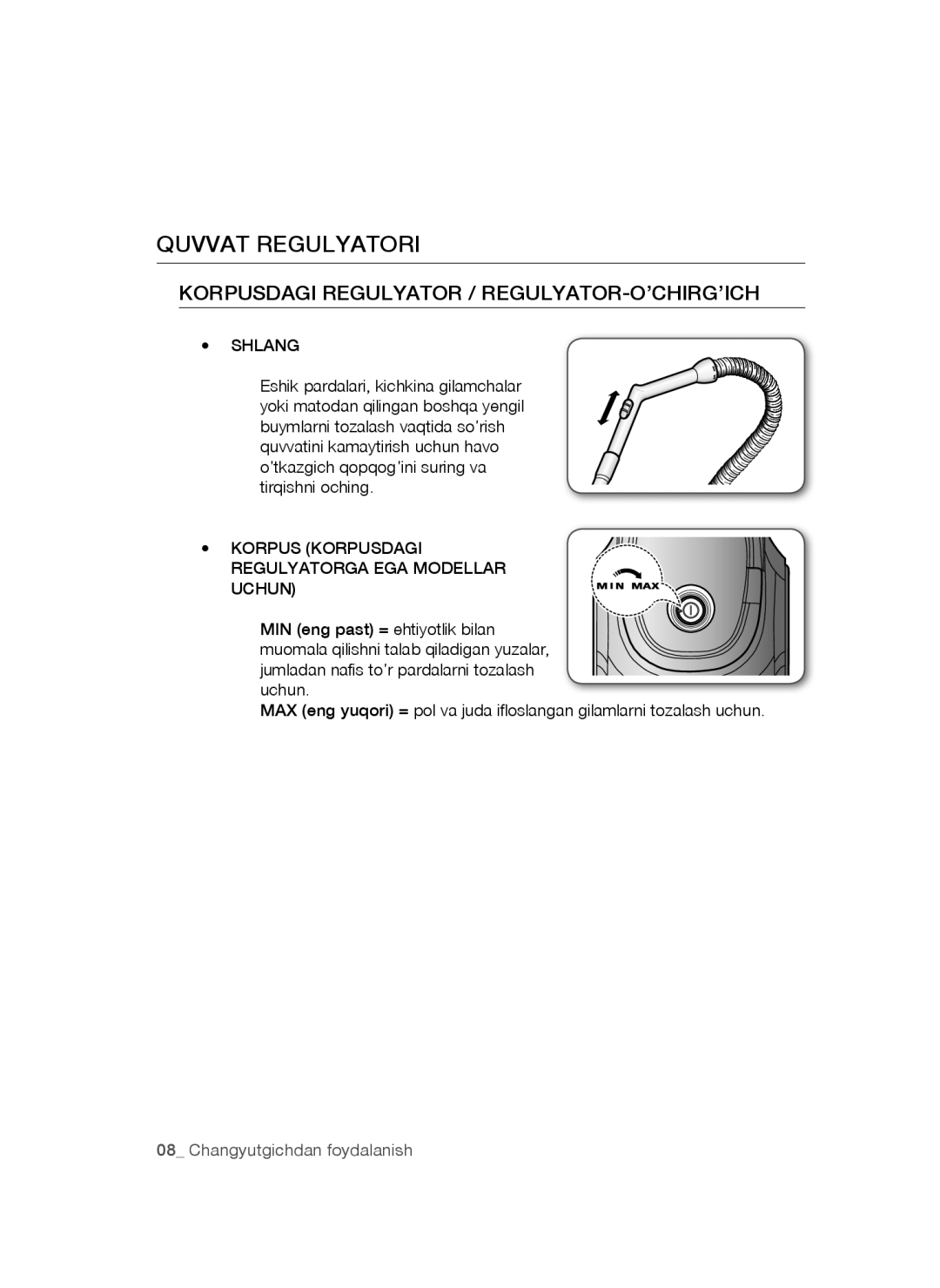 Samsung VC16BSNMARD/EV, VC20AHNDC6B/SB manual Quvvat Regulyatori, Korpusdagi Regulyator / REGULYATOR-O’CHIRG’ICH, Shlang 