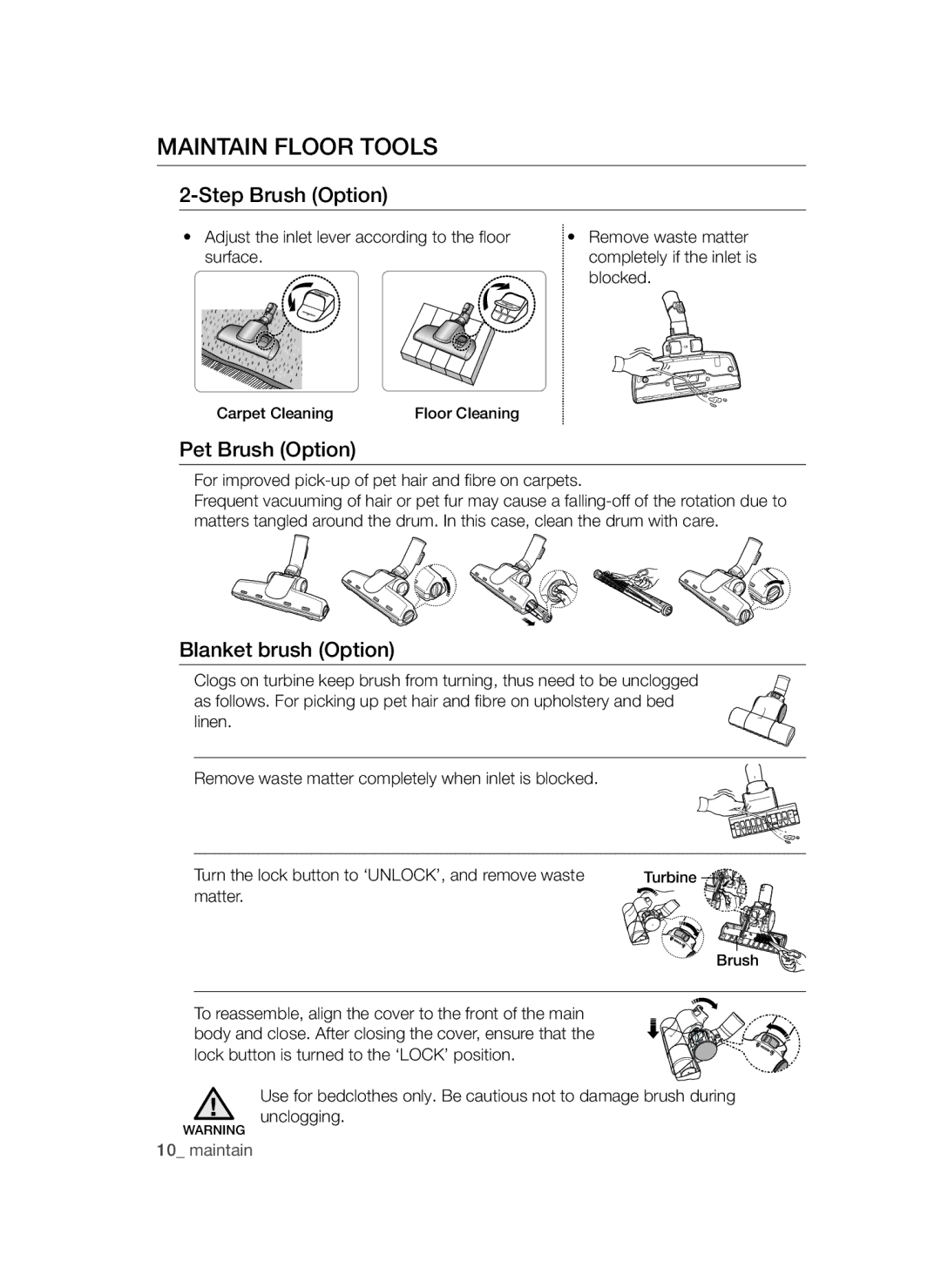 Samsung VC20AVNDCRD/EG, VC08QVNDCRD/EG Maintain Floor Tools, Step Brush Option, Pet Brush Option, Blanket brush Option 