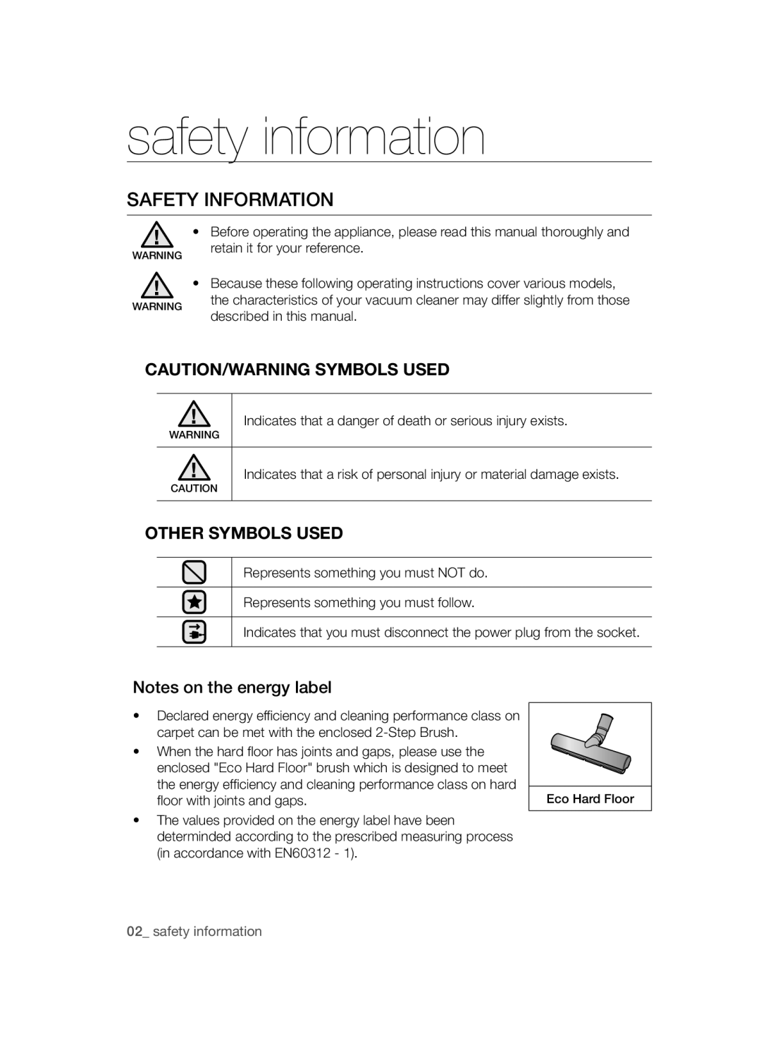 Samsung VC20AVNDCNC/EF, VC20AVNDCRD/EG, VC08QVNDCRD/EG, VC20AVNDCNC/SW, VC08QVNDCNC/SW Safety information, Safety Information 