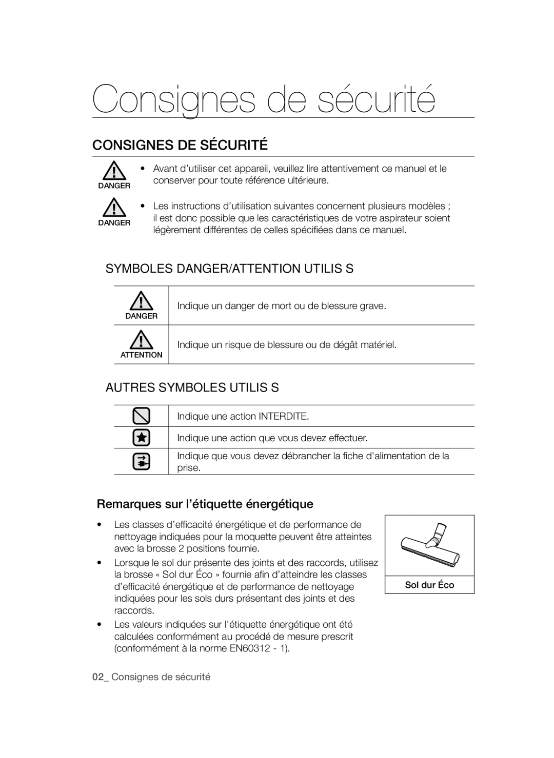 Samsung VC20AVNDCNC/SW, VC20AVNDCRD/EG Consignes de sécurité, Consignes DE Sécurité, Remarques sur l’étiquette énergétique 