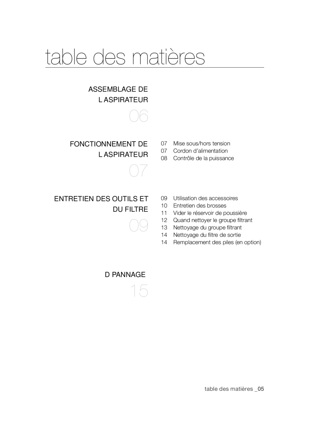 Samsung VC08QVNDCRD/EG, VC20AVNDCRD/EG, VC20AVNDCNC/EF, VC20AVNDCNC/SW, VC08QVNDCNC/SW manual Table des matières 