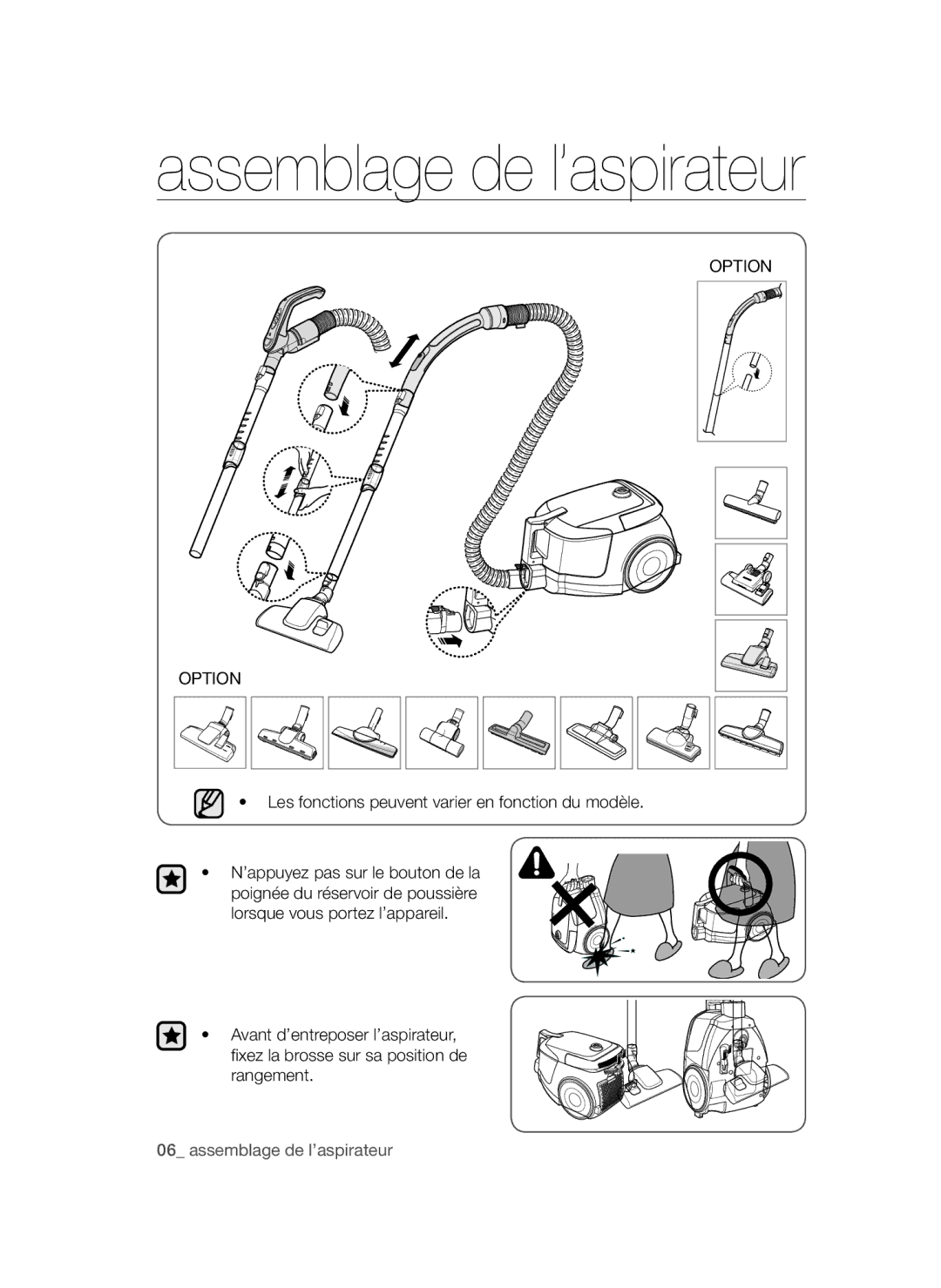 Samsung VC20AVNDCNC/EF, VC20AVNDCRD/EG manual Assemblage de l’aspirateur, Les fonctions peuvent varier en fonction du modèle 
