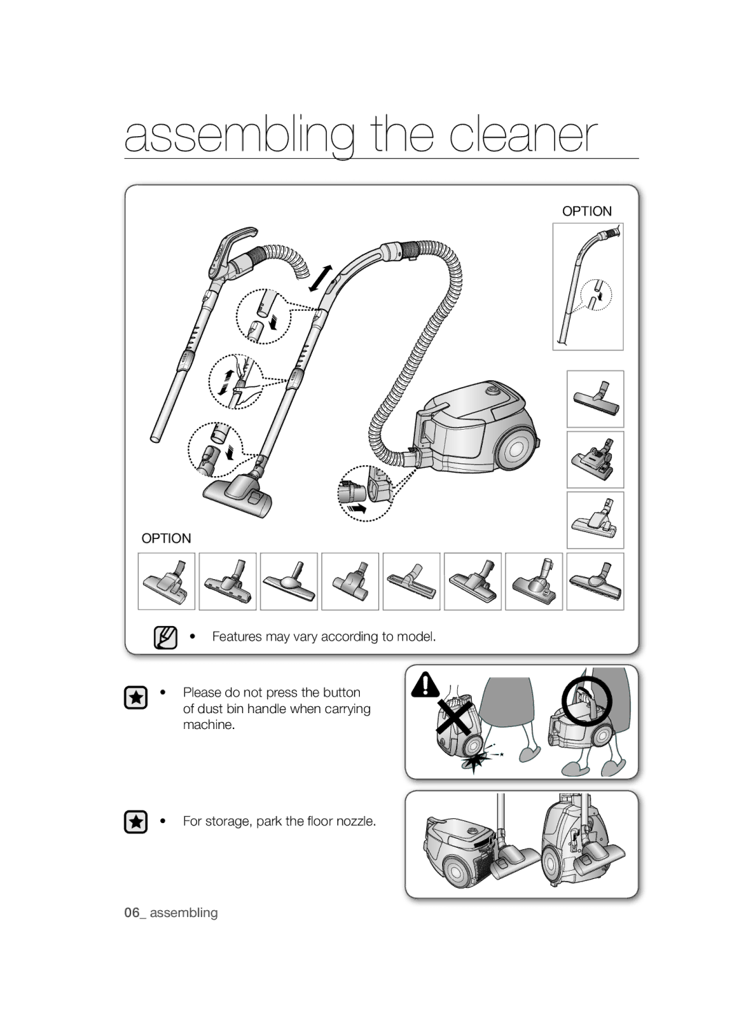 Samsung VC08QVNDCRD/EG, VC20AVNDCRD/EG, VC20AVNDCNC/EF, VC20AVNDCNC/SW, VC08QVNDCNC/SW manual Assembling the cleaner, Option 