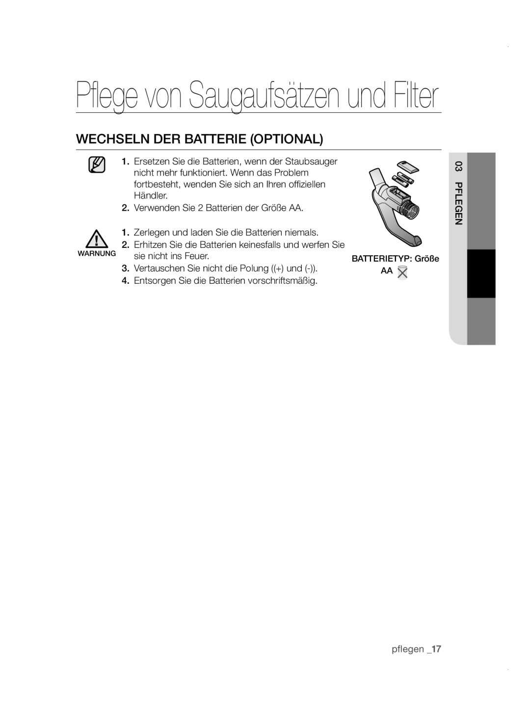 Samsung VC12QHNDCBB/EG, VC20AVNDCRD/EG, VC15QVNDCNC/EH, VC08SHNDC6B/EG, VC08QVNDCRD/EG manual Wechseln DER Batterie Optional 