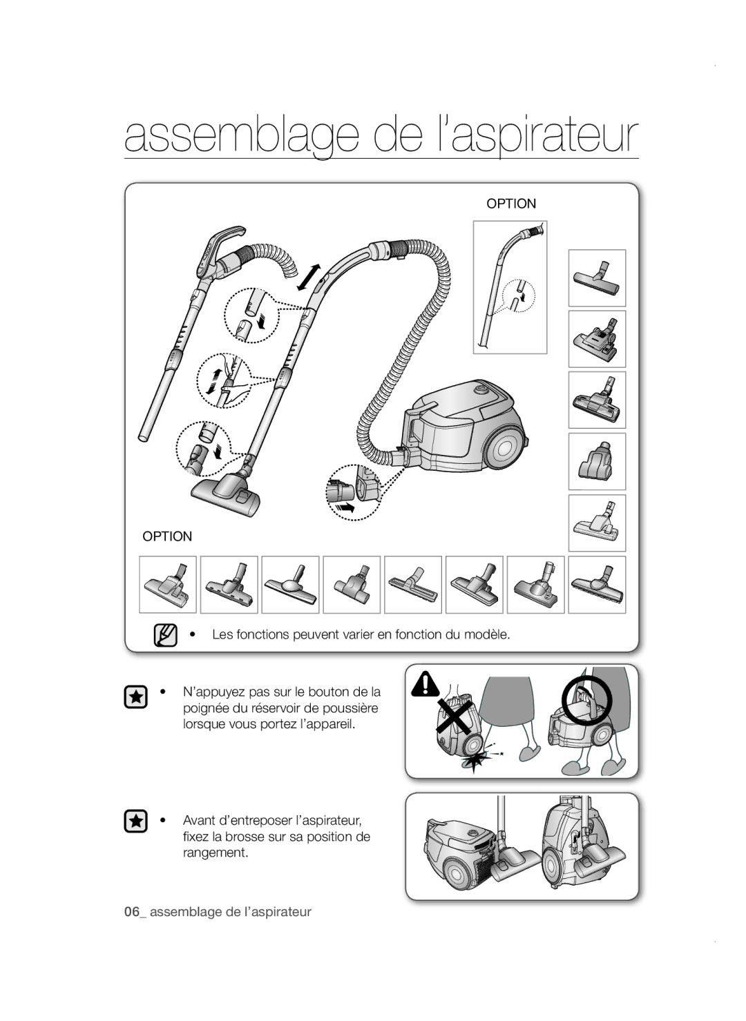 Samsung VC08QHNDCBB/EG, VC20AVNDCRD/EG manual Assemblage de l’aspirateur, Les fonctions peuvent varier en fonction du modèle 