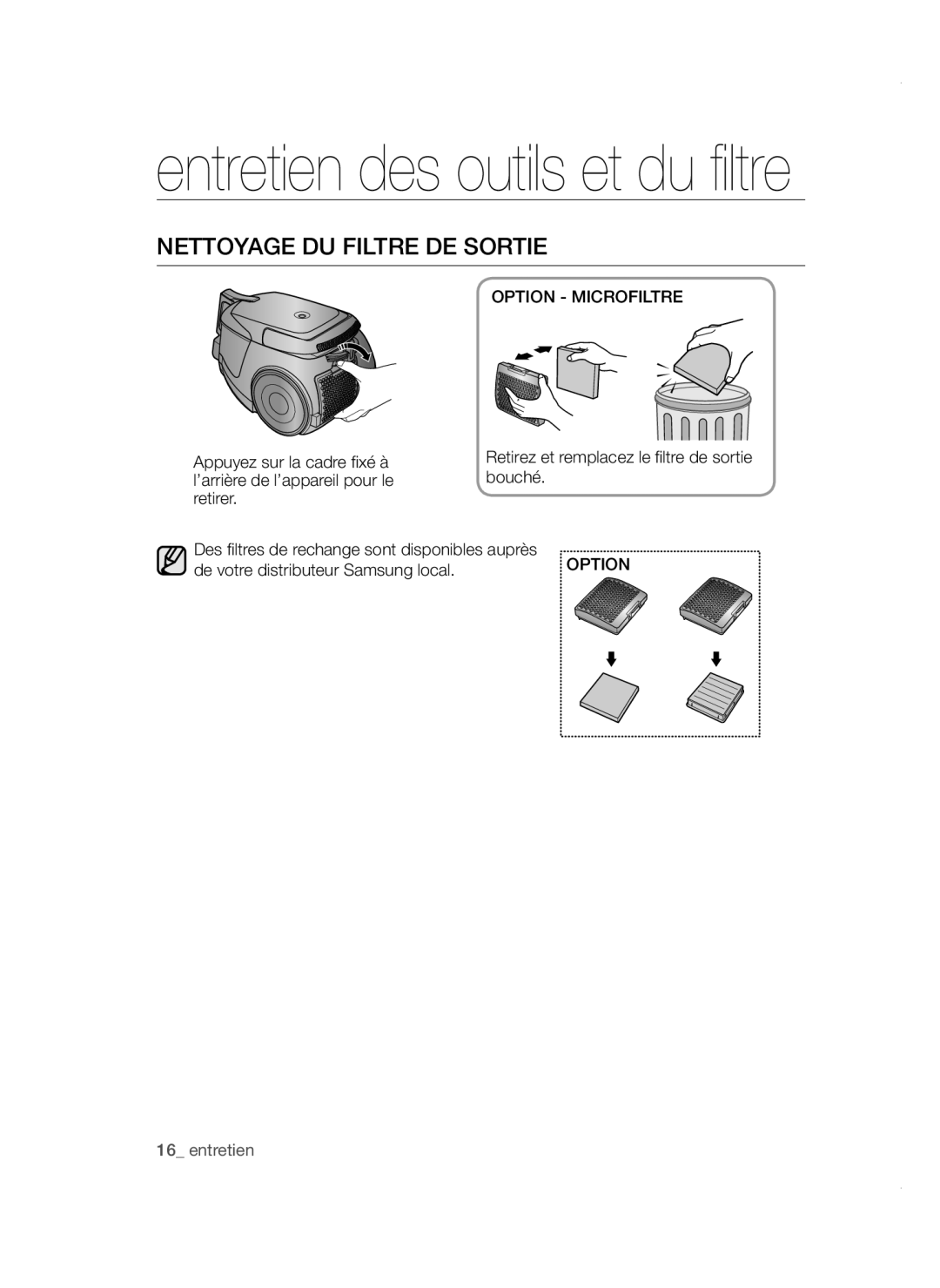 Samsung VC08QVNDCRD/EG, VC20AVNDCRD/EG, VC15QVNDCNC/EH, VC08SHNDC6B/EG Nettoyage DU Filtre DE Sortie, Option Microfiltre 