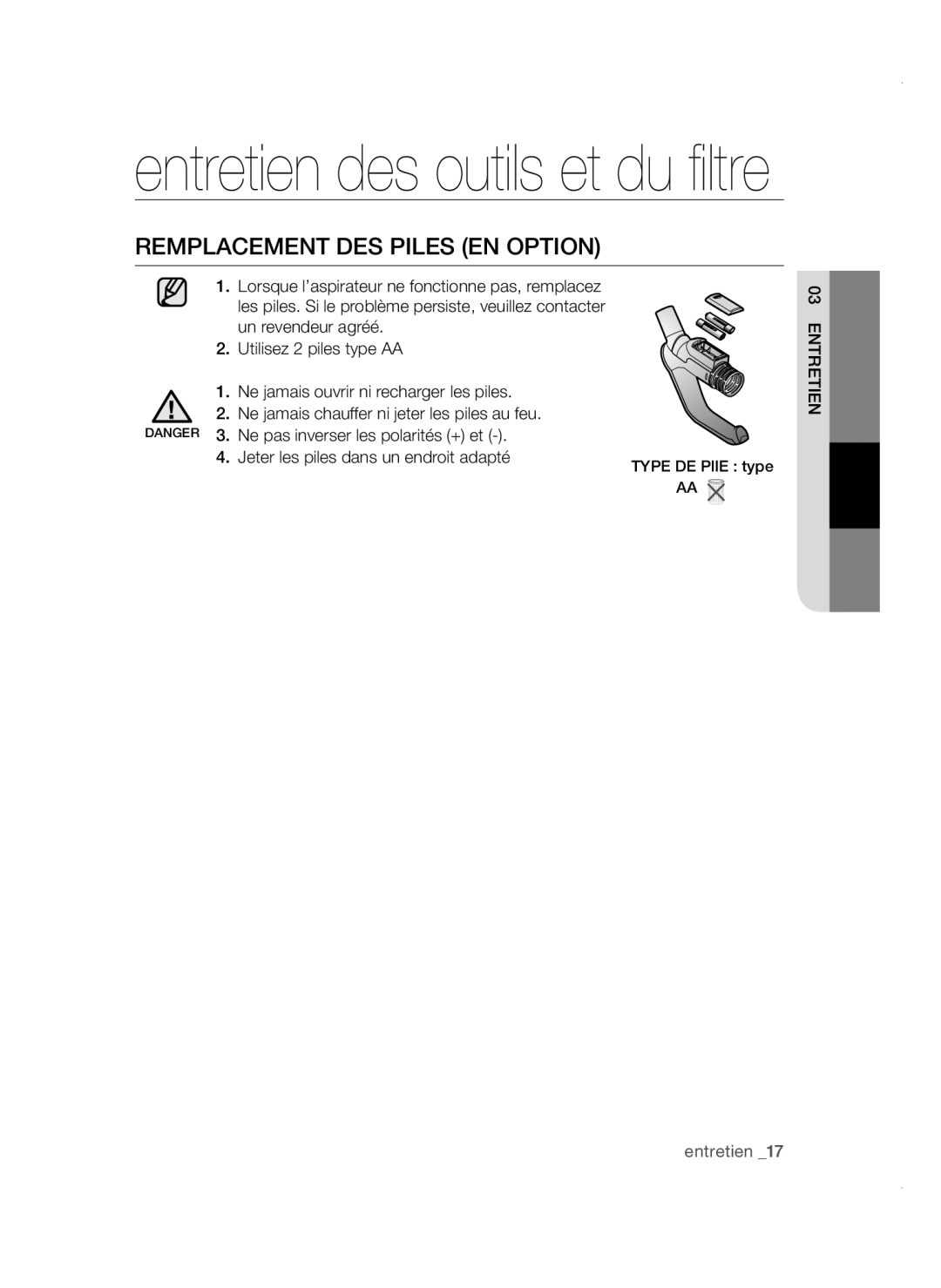 Samsung VC08QHNDCBB/EG, VC20AVNDCRD/EG, VC15QVNDCNC/EH, VC08SHNDC6B/EG, VC08QVNDCRD/EG manual Remplacement DES Piles EN Option 