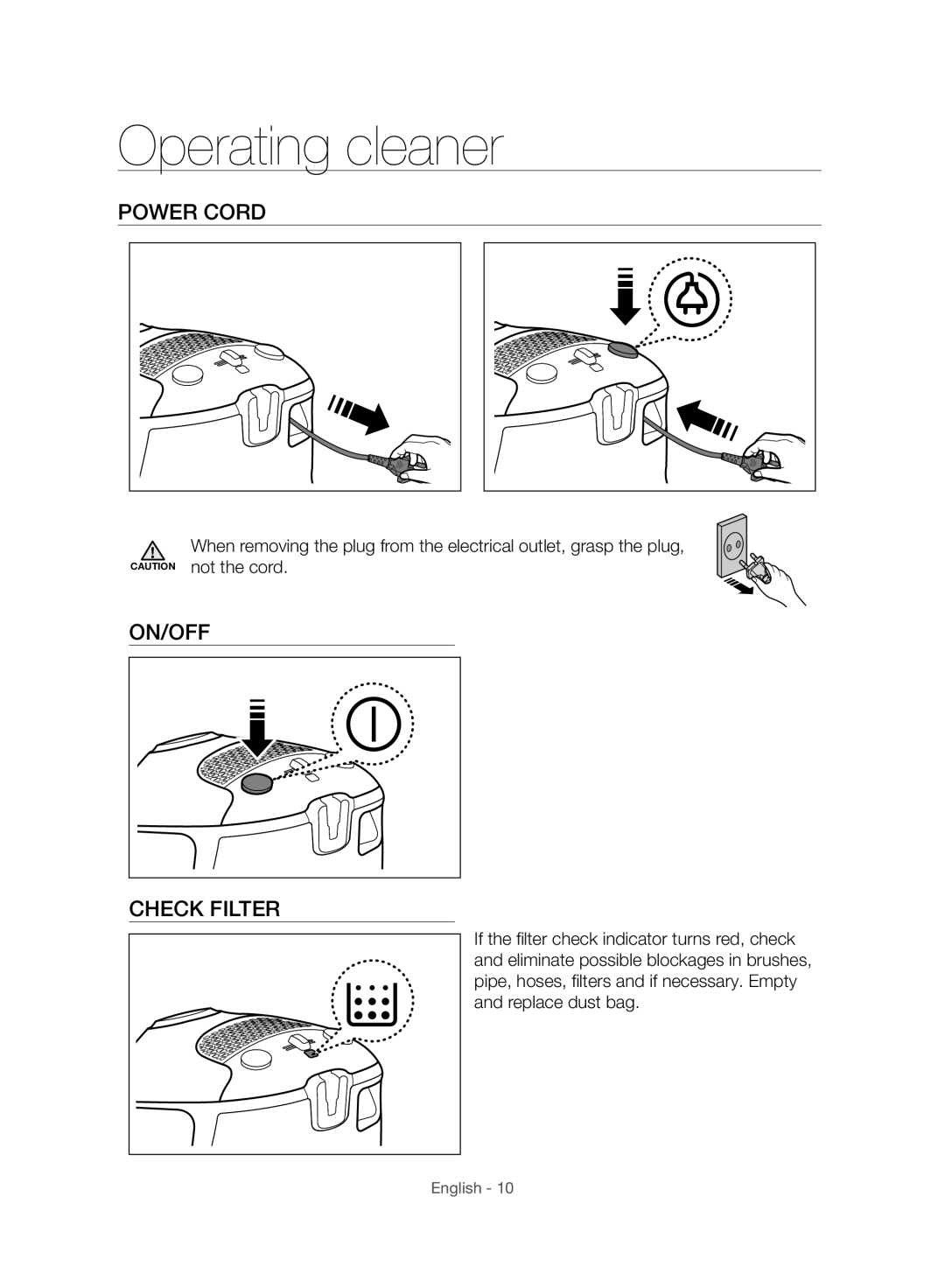 Samsung VC20F30WNBR/MG manual Operating cleaner, Power Cord, ON/OFF Check Filter 