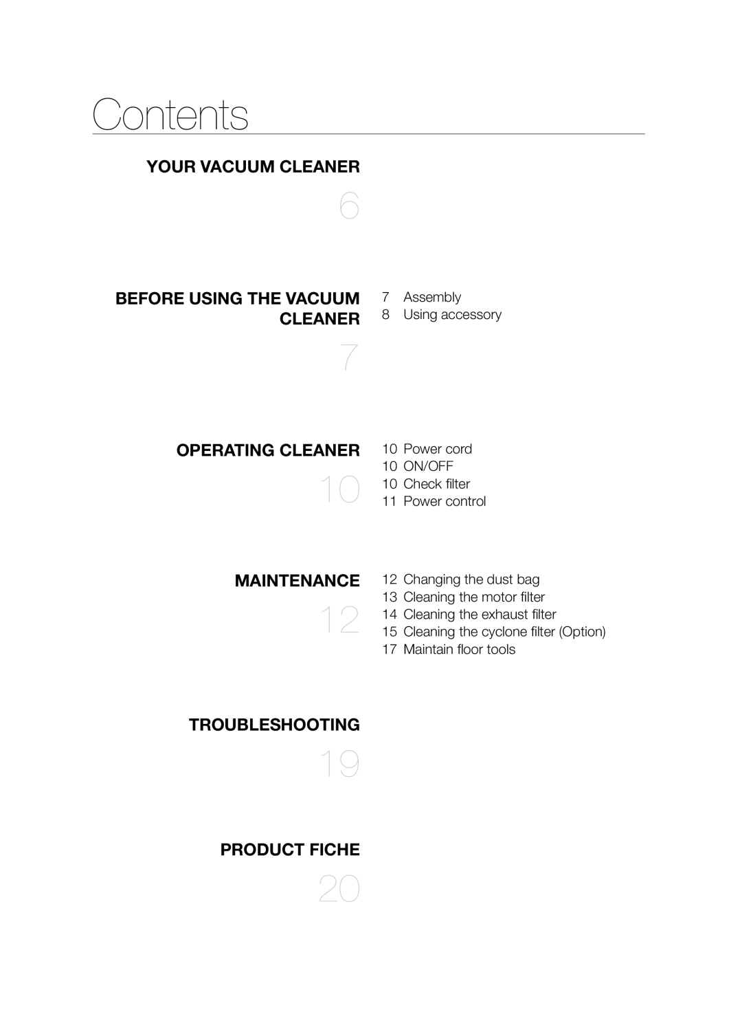 Samsung VC20F30WNBR/MG manual Contents 