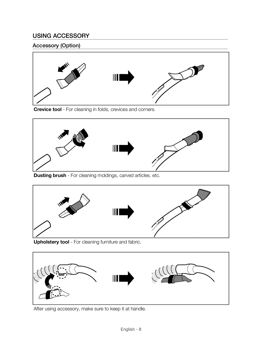 Samsung VC20F30WNBR/MG manual Using Accessory, Accessory Option 