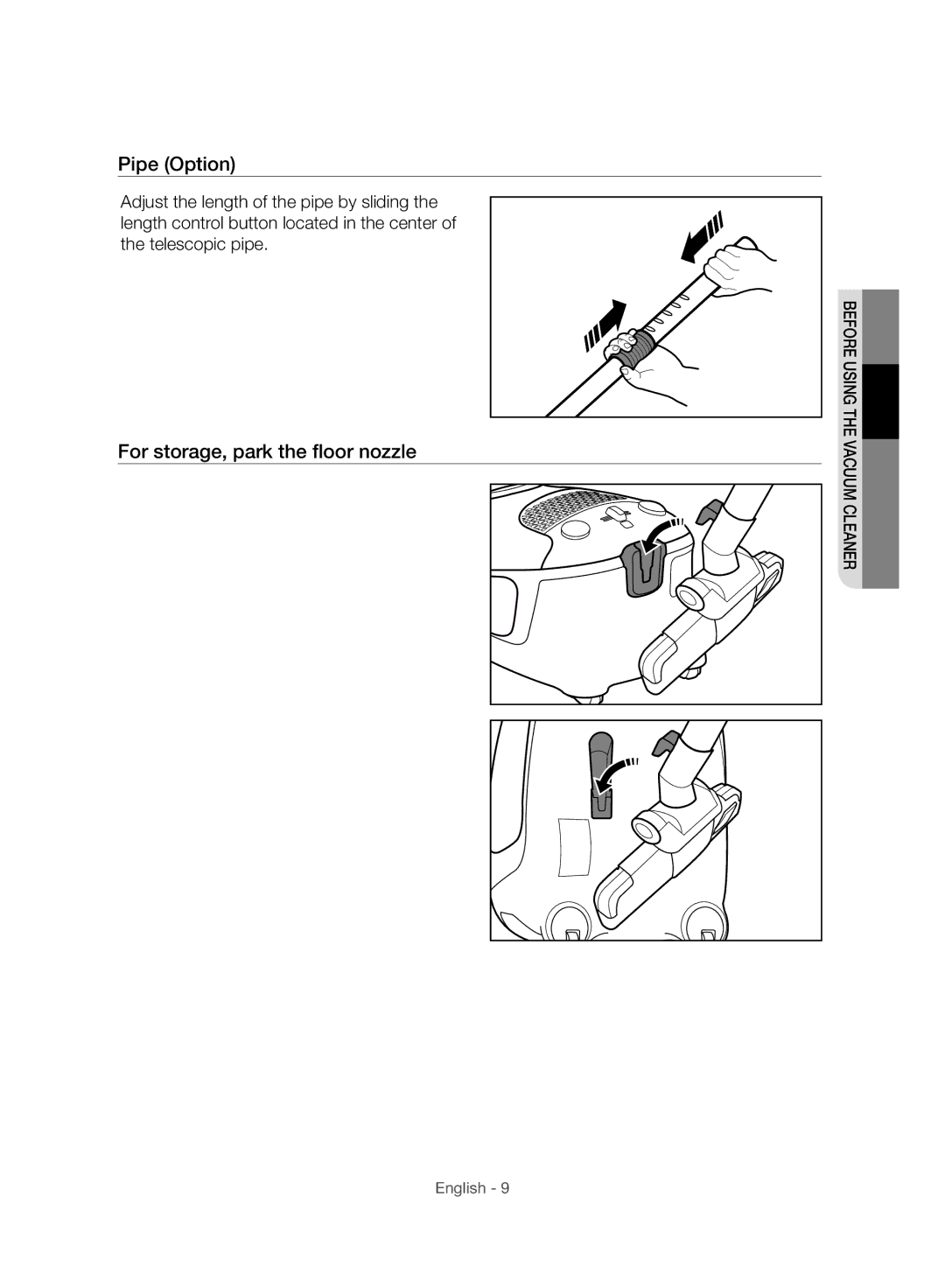 Samsung VC20F30WNBR/MG manual Pipe Option, For storage, park the floor nozzle 