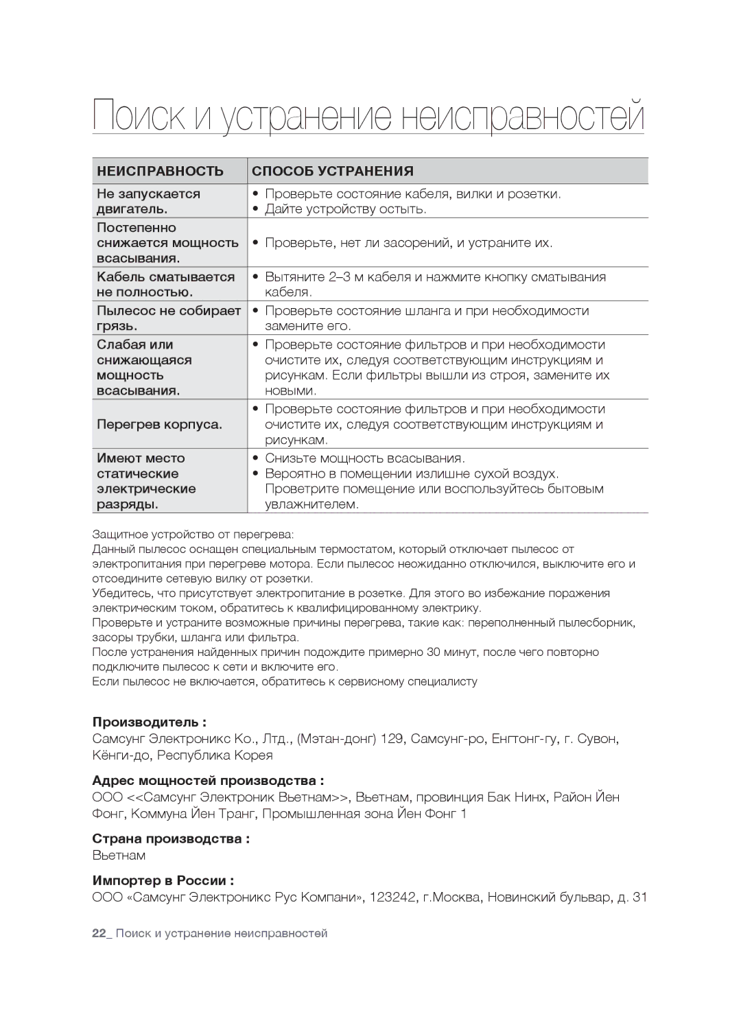 Samsung VC20F30WNCN/EV, VC20F30WNFN/EV, VC20F30WNAR/EV, VC20F30WNGR/EV, VC20F30WDHL/EV manual Поиск и устранение неисправностей 