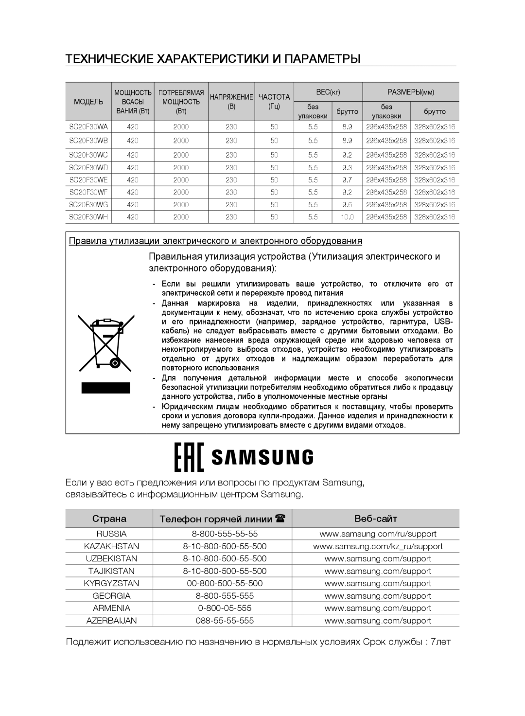 Samsung VC20F30WNFN/EV, VC20F30WNAR/EV, VC20F30WNGR/EV, VC20F30WDHL/EV manual Технические Характеристики И Параметры, Частота 