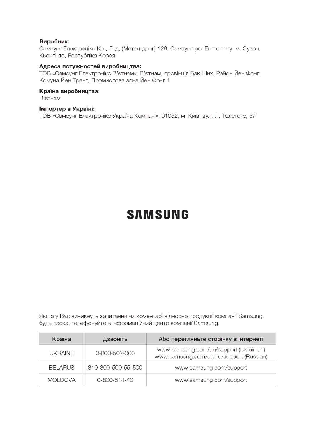 Samsung VC20F30WNFN/EV, VC20F30WNAR/EV, VC20F30WNGR/EV, VC20F30WDHL/EV, VC20F30WNCN/EV, VC20F30WNEL/EV manual Країна виробництва 