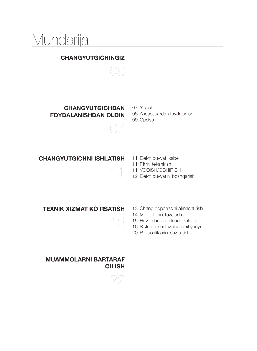 Samsung VC20F30WNGR/EV Mundarija, Changyutgichingiz Changyutgichdan, Foydalanishdan Oldin, Muammolarni Bartaraf Qilish 