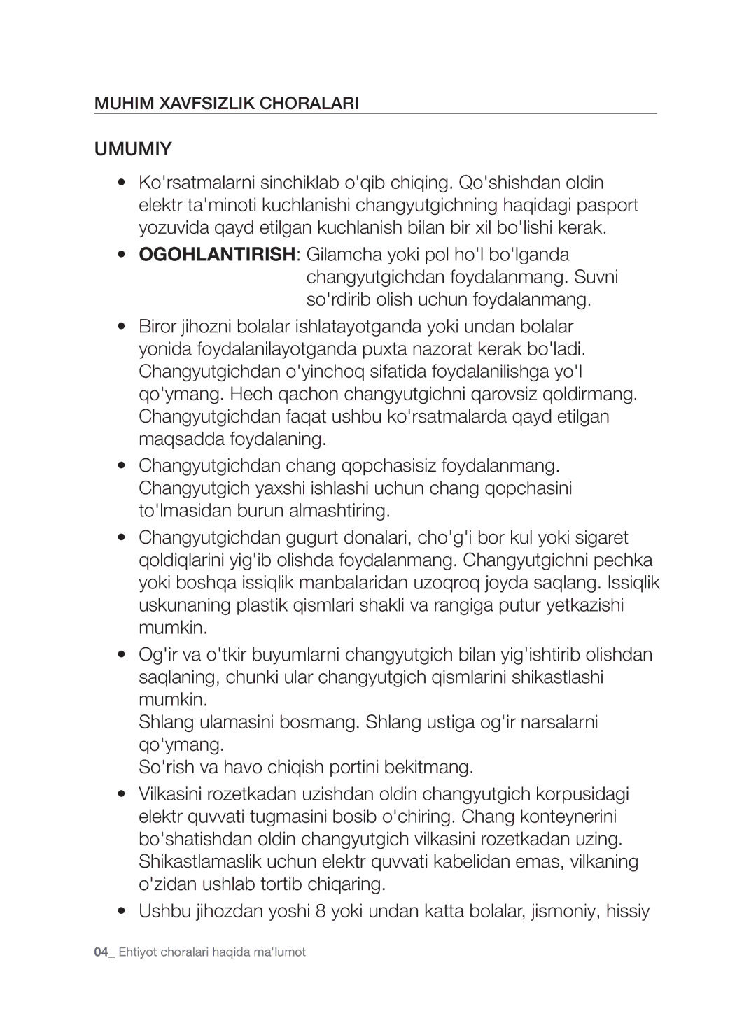 Samsung VC20F30WNCN/EV, VC20F30WNFN/EV, VC20F30WNAR/EV, VC20F30WNGR/EV, VC20F30WDHL/EV Umumiy, Muhim Xavfsizlik Choralari 