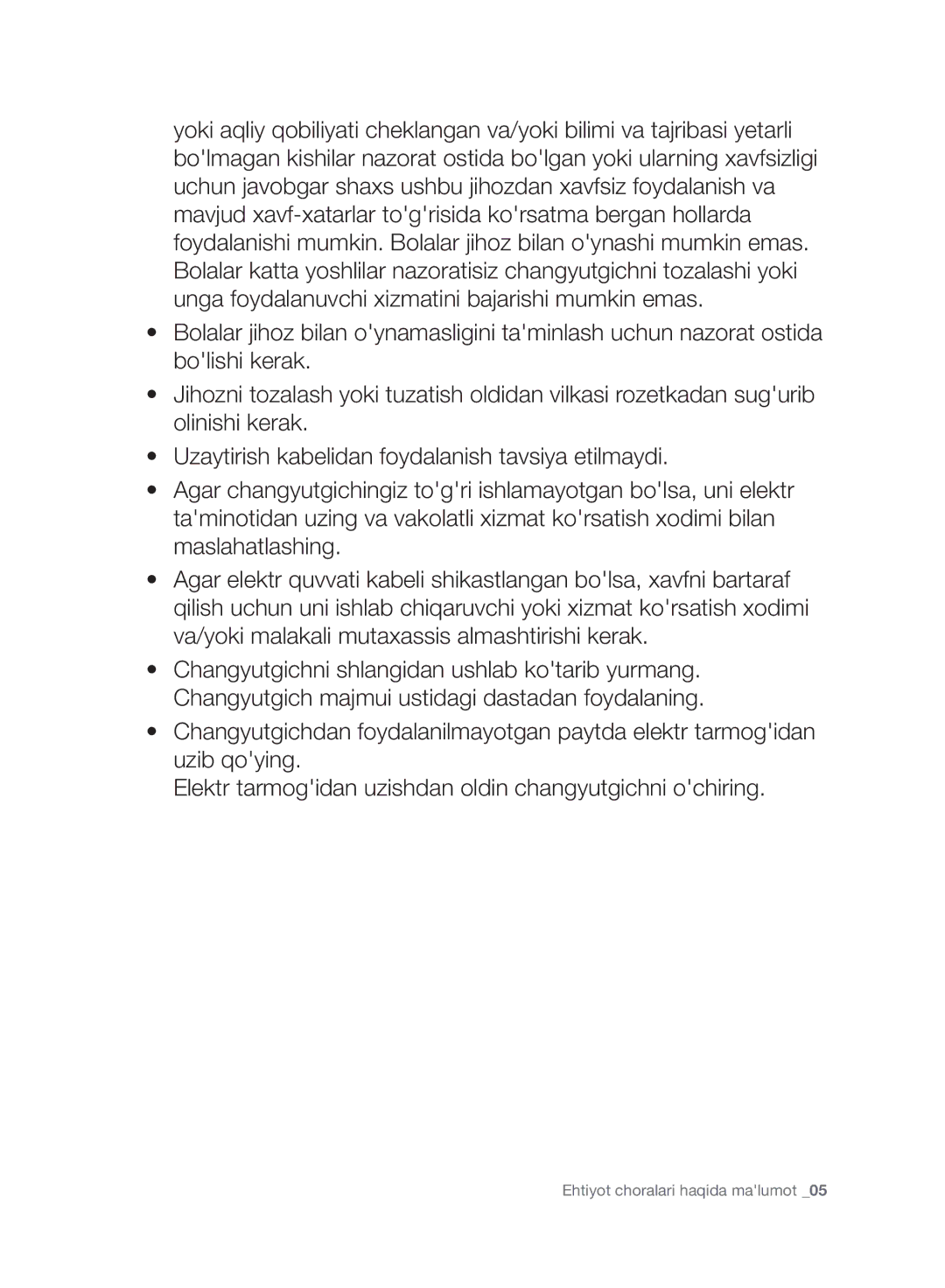 Samsung VC20F30WNEL/EV, VC20F30WNFN/EV, VC20F30WNAR/EV, VC20F30WNGR/EV, VC20F30WDHL/EV manual Ehtiyot choralari haqida malumot 