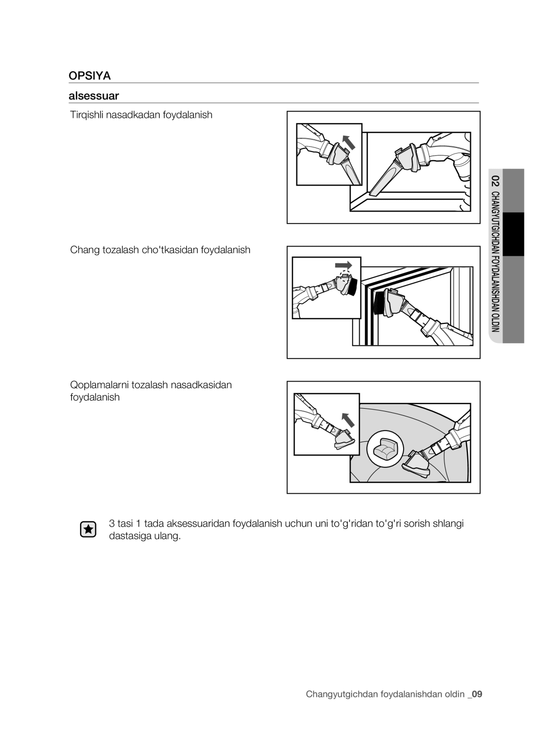 Samsung VC20F30WDHL/EV, VC20F30WNFN/EV, VC20F30WNAR/EV, VC20F30WNGR/EV, VC20F30WNCN/EV, VC20F30WNEL/EV manual Opsiya, Alsessuar 