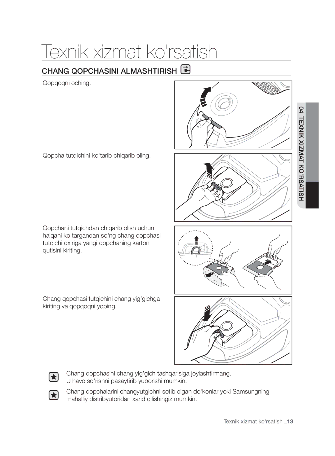 Samsung VC20F30WNAR/EV, VC20F30WNFN/EV, VC20F30WNGR/EV manual Texnik xizmat korsatish, Chang Qopchasini Almashtirish 