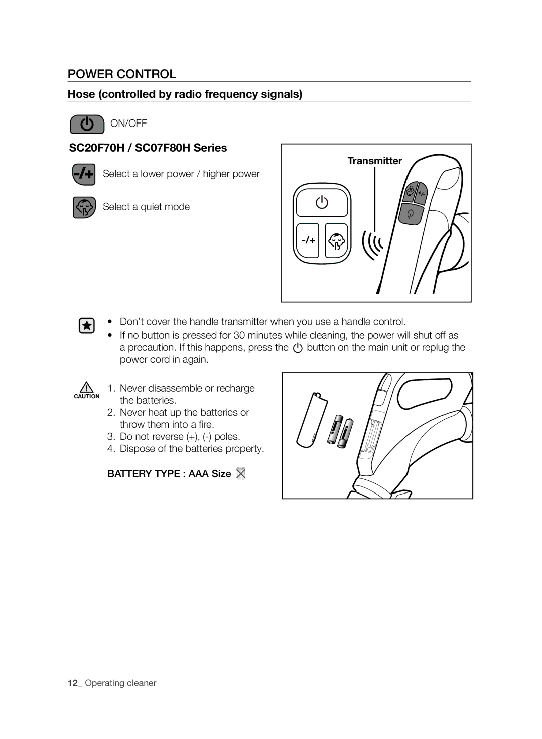 Samsung VC20F70HDHN/ML manual Power Control, Hose controlled by radio frequency signals, SC20F70H / SC07F80H Series 