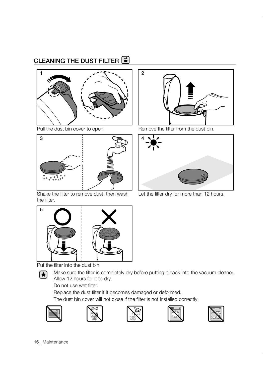 Samsung VC20F70HDHN/ML manual Cleaning the Dust Filter 