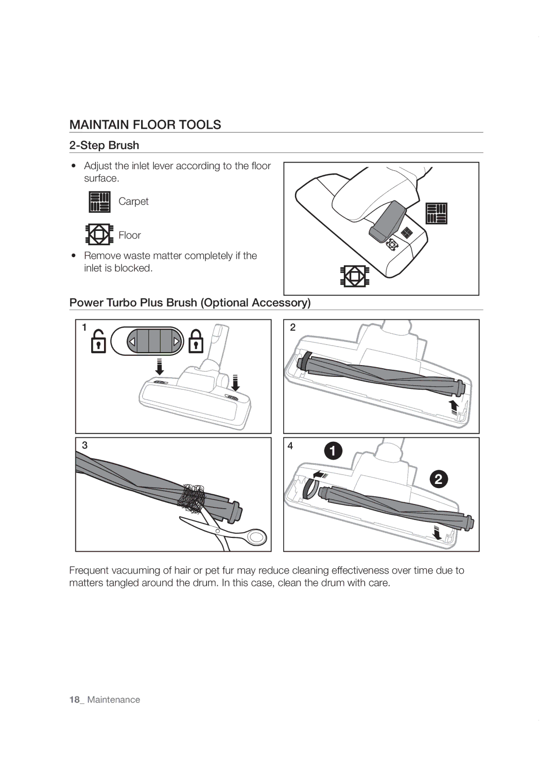 Samsung VC20F70HDHN/ML manual Maintain Floor Tools, Step Brush, Power Turbo Plus Brush Optional Accessory 