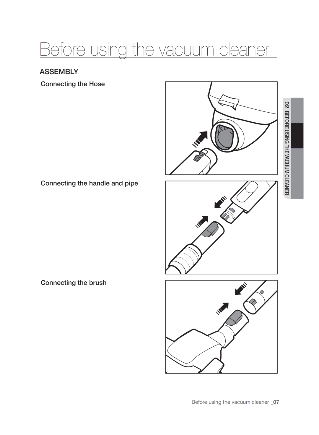 Samsung VC20F70HDHN/ML manual Before using the vacuum cleaner, Assembly 