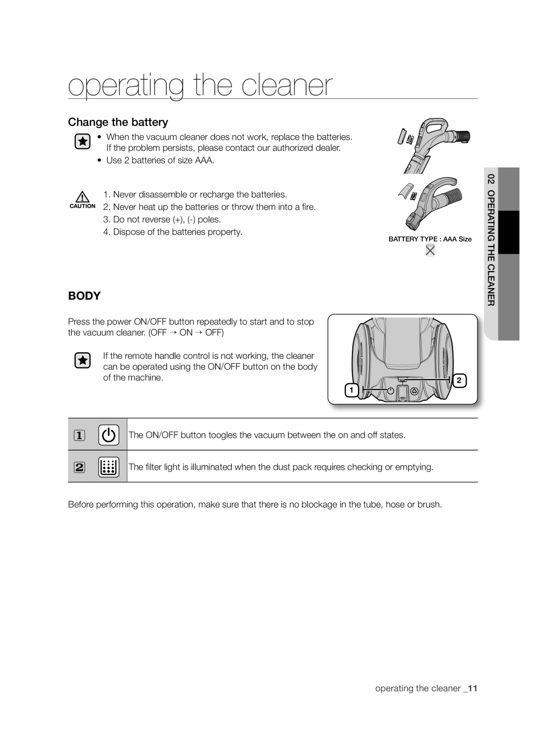 Samsung VC20F70HNAR/MG manual Change the battery, Body 