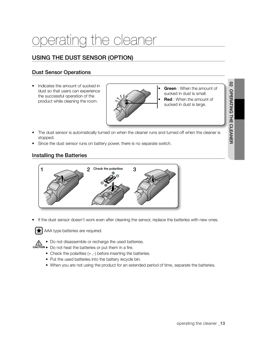 Samsung VC20F70HNAR/MG manual Using the Dust Sensor Option, Dust Sensor Operations, Installing the Batteries 