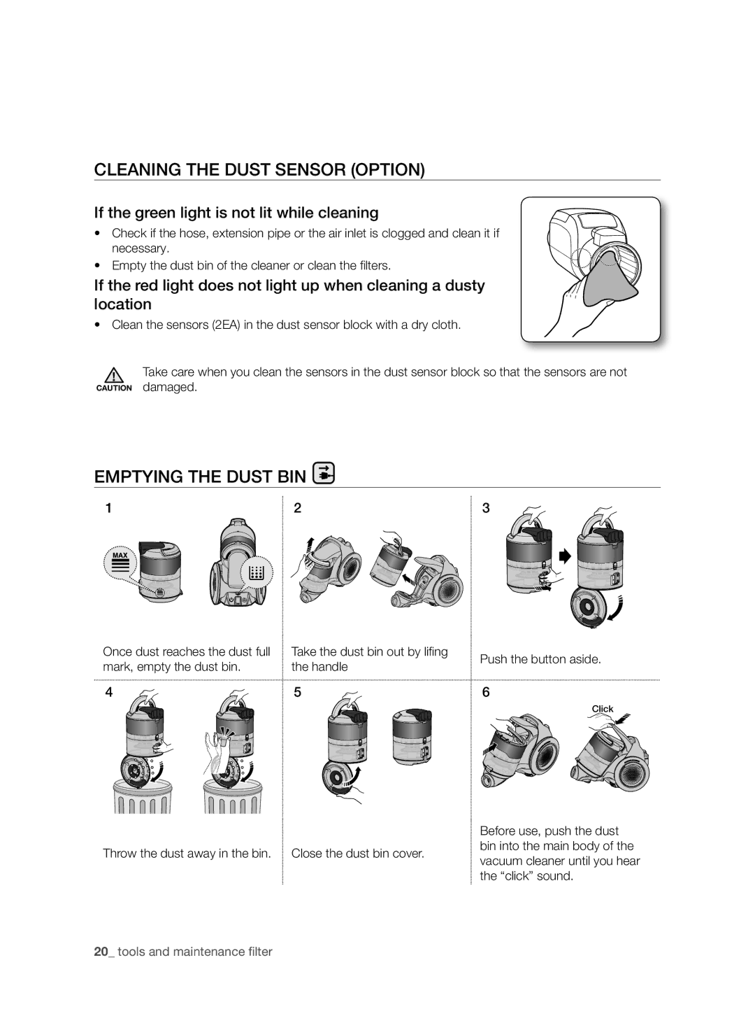 Samsung VC20F70HNAR/MG manual Cleaning the Dust Sensor Option, Emptying the Dust BIN 