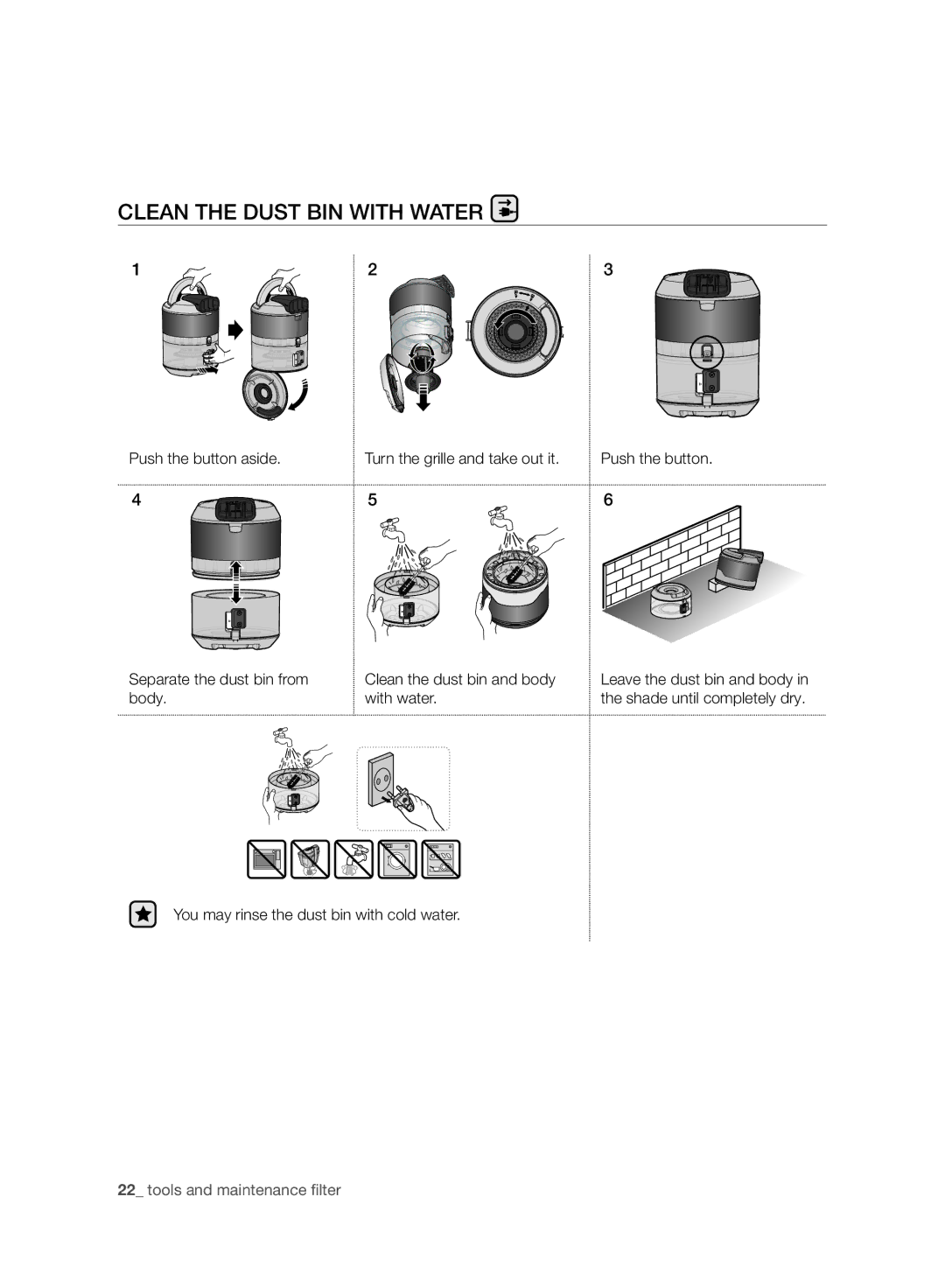 Samsung VC20F70HNAR/MG manual You may rinse the dust bin with cold water 