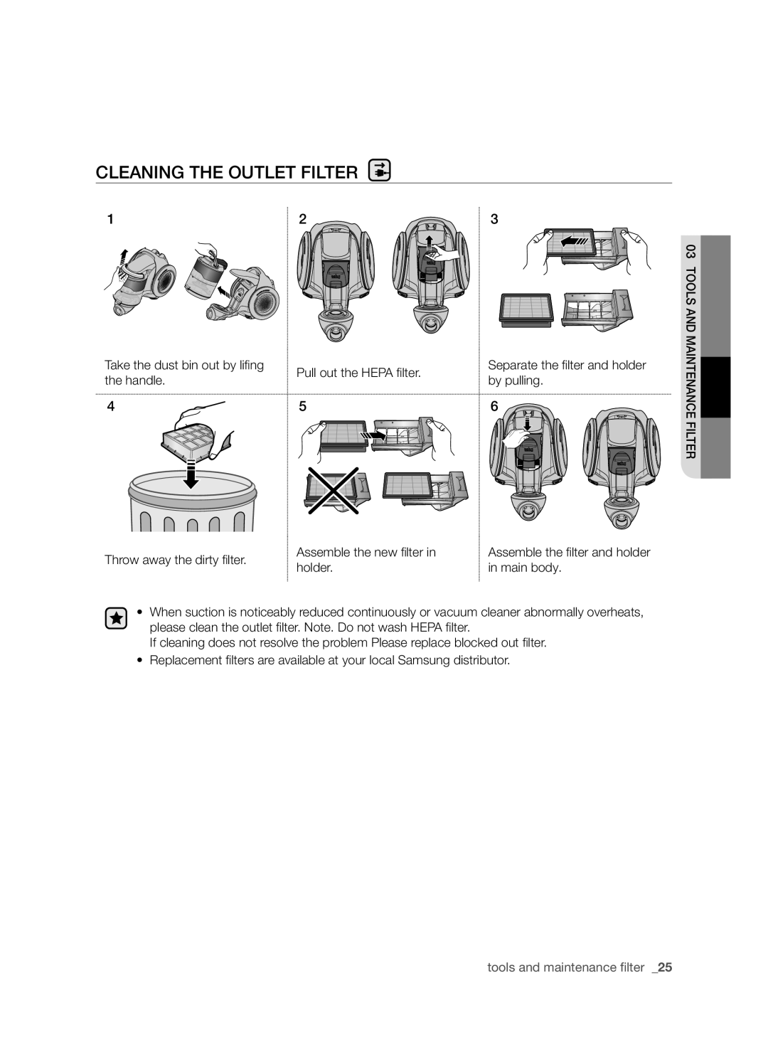 Samsung VC20F70HNAR/MG manual Cleaning the Outlet Filter 