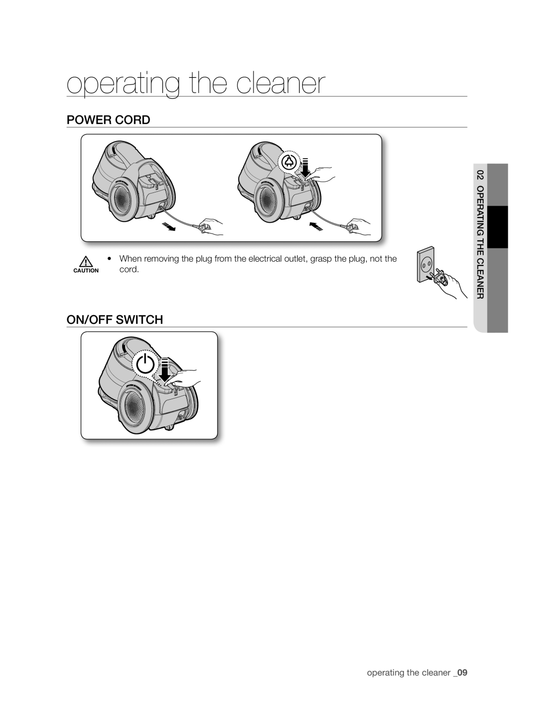 Samsung VC20F70HNAR/MG manual Operating the cleaner, Power Cord, ON/OFF Switch 