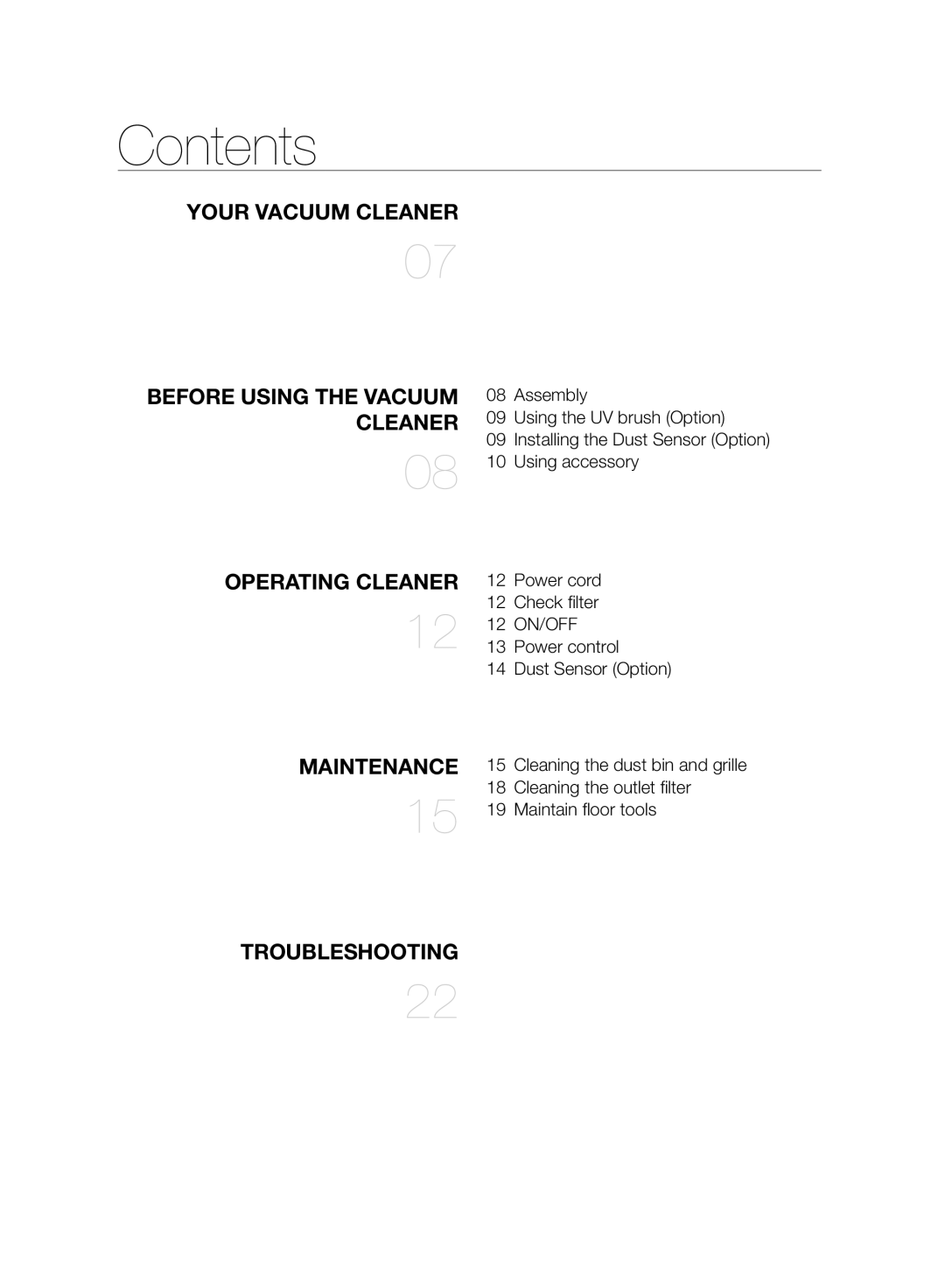 Samsung VC08F70HUSC/SW, VC20F70HNBN/GE, VC20F70HNAR/SW, VC08F70HUSC/GE, VC20F70HNBN/SW, VC20F70HNAR/GE manual Contents 