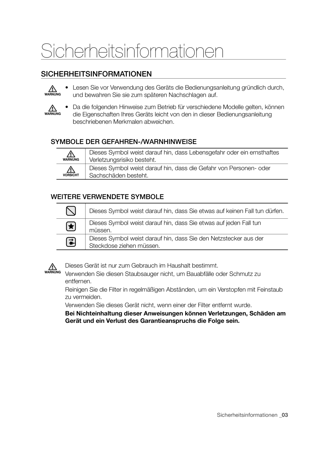 Samsung VC08F70HUSC/GE, VC20F70HNBN/GE, VC20F70HNAR/SW, VC08F70HUSC/SW, VC20F70HNBN/SW manual Sicherheitsinformationen 