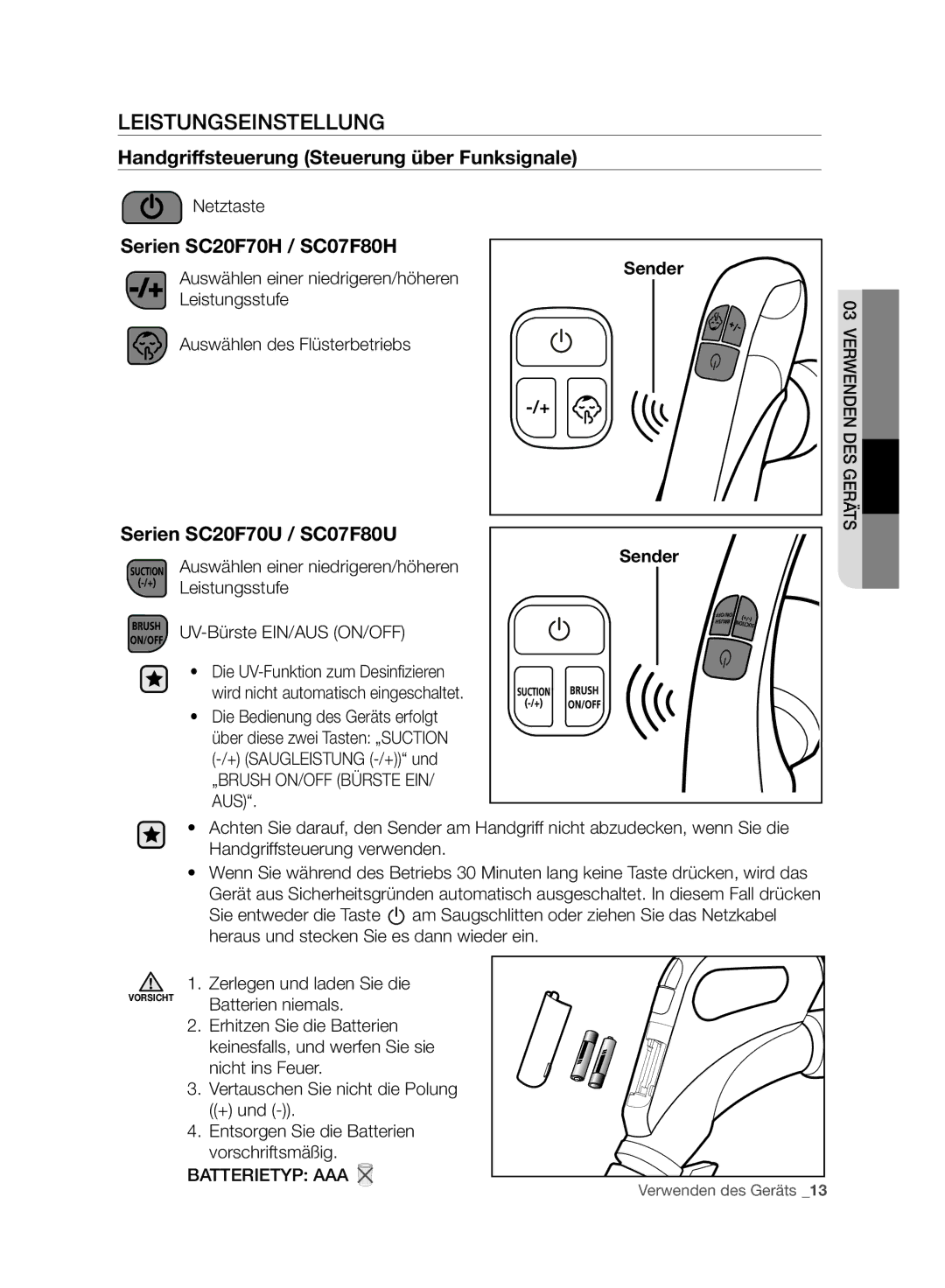 Samsung VC20F70HNAR/SW, VC20F70HNBN/GE, VC08F70HUSC/SW, VC08F70HUSC/GE manual Leistungseinstellung, Serien SC20F70H / SC07F80H 