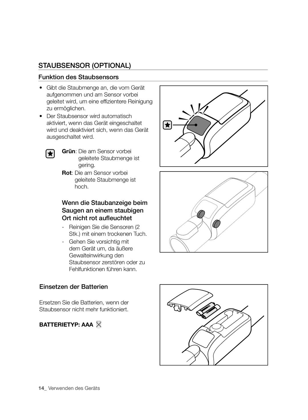 Samsung VC08F70HUSC/SW, VC20F70HNBN/GE manual Staubsensor Optional, Funktion des Staubsensors, Einsetzen der Batterien 