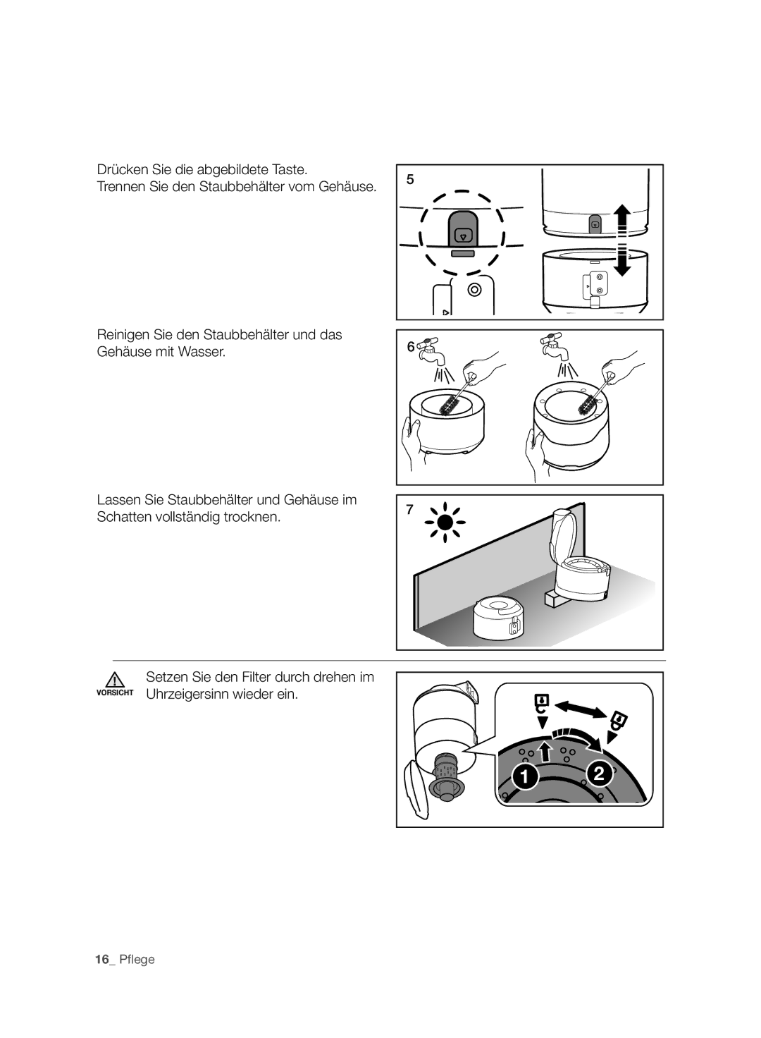 Samsung VC20F70HNBN/SW, VC20F70HNBN/GE, VC20F70HNAR/SW, VC08F70HUSC/SW, VC08F70HUSC/GE, VC20F70HNAR/GE manual 16 Pﬂege 