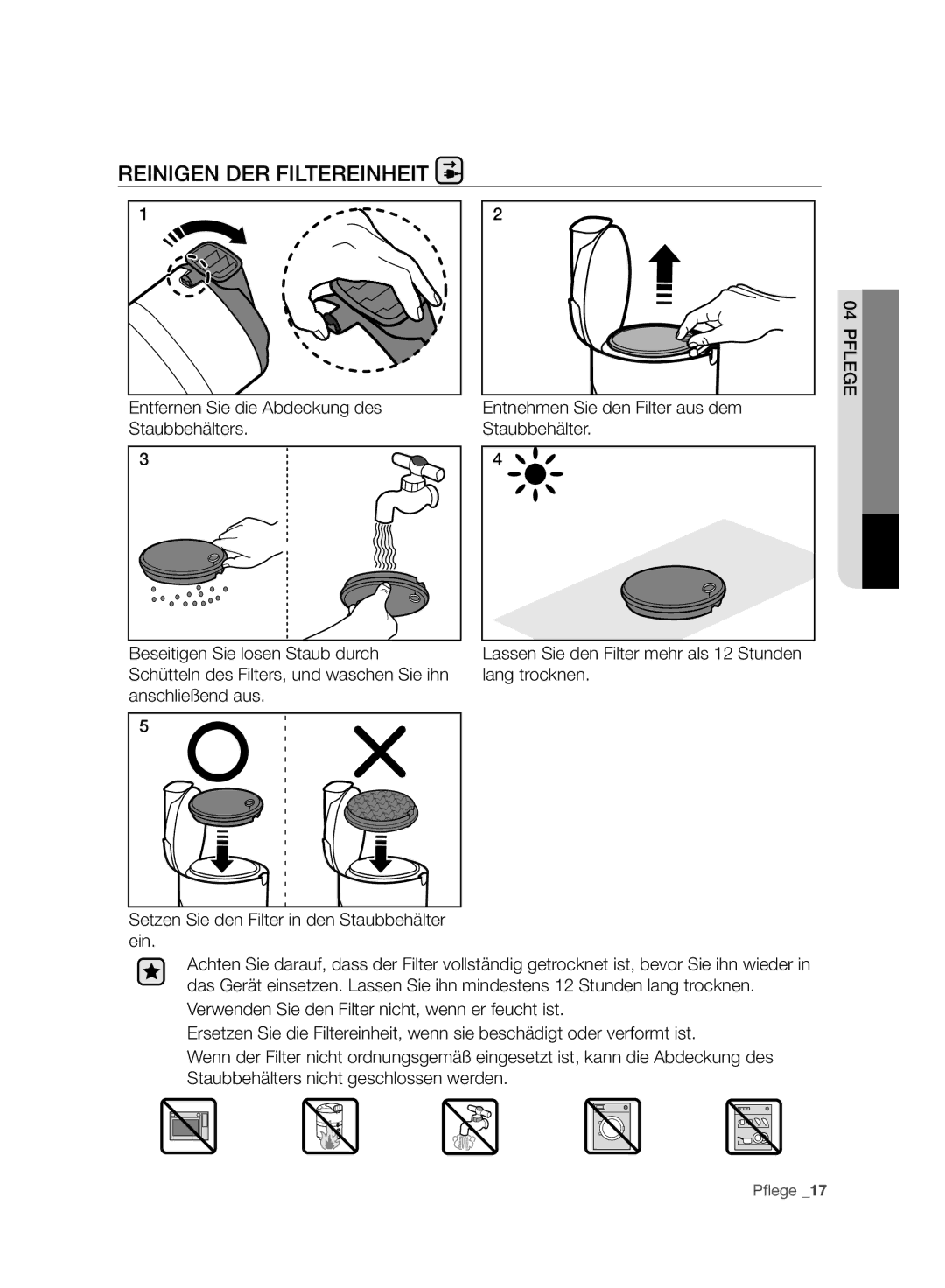 Samsung VC20F70HNAR/GE, VC20F70HNBN/GE, VC20F70HNAR/SW, VC08F70HUSC/SW, VC08F70HUSC/GE manual Reinigen DER Filtereinheit 