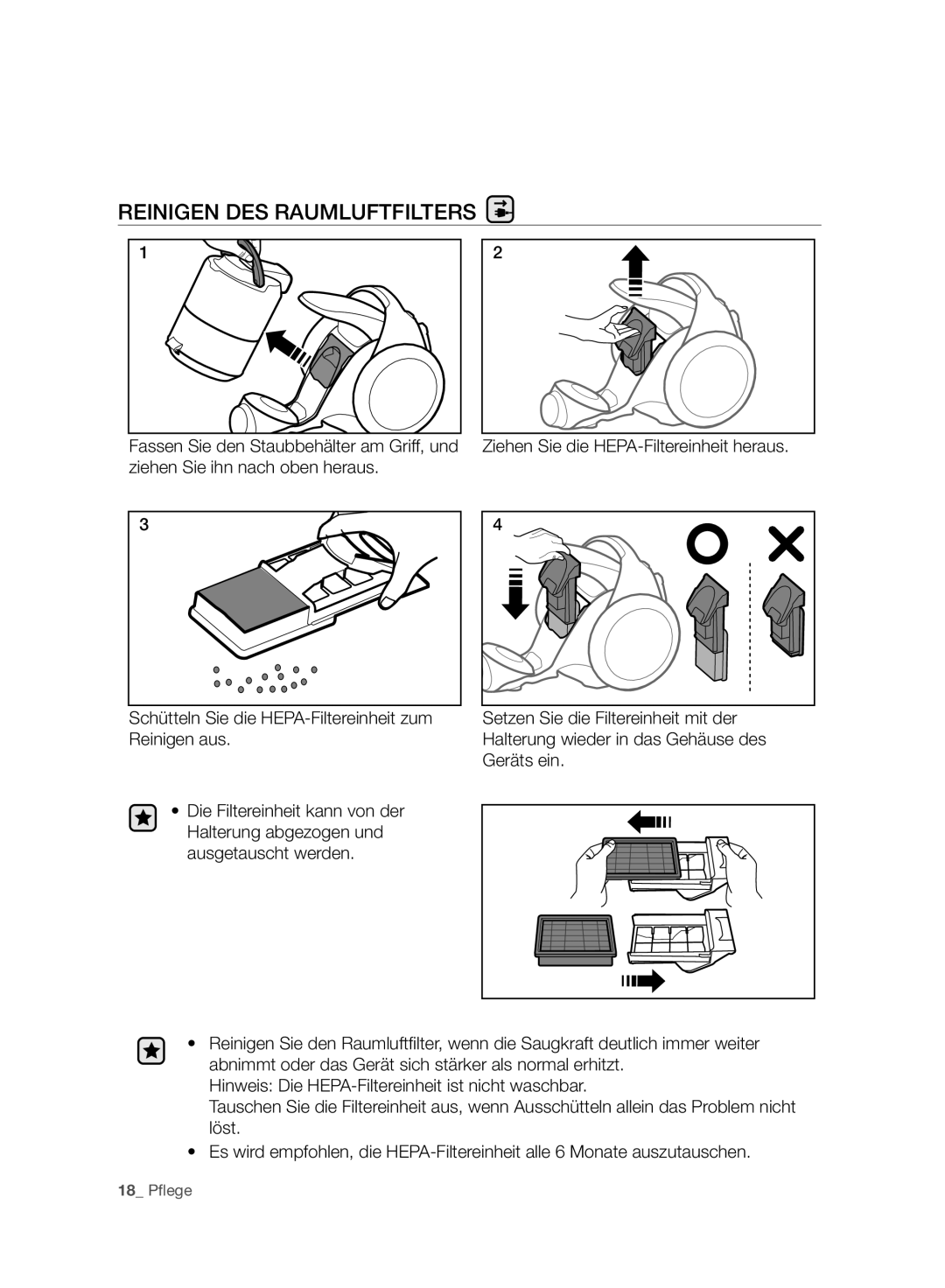 Samsung VC20F70HNBN/GE, VC20F70HNAR/SW, VC08F70HUSC/SW, VC08F70HUSC/GE, VC20F70HNBN/SW manual Reinigen DES Raumluftfilters 