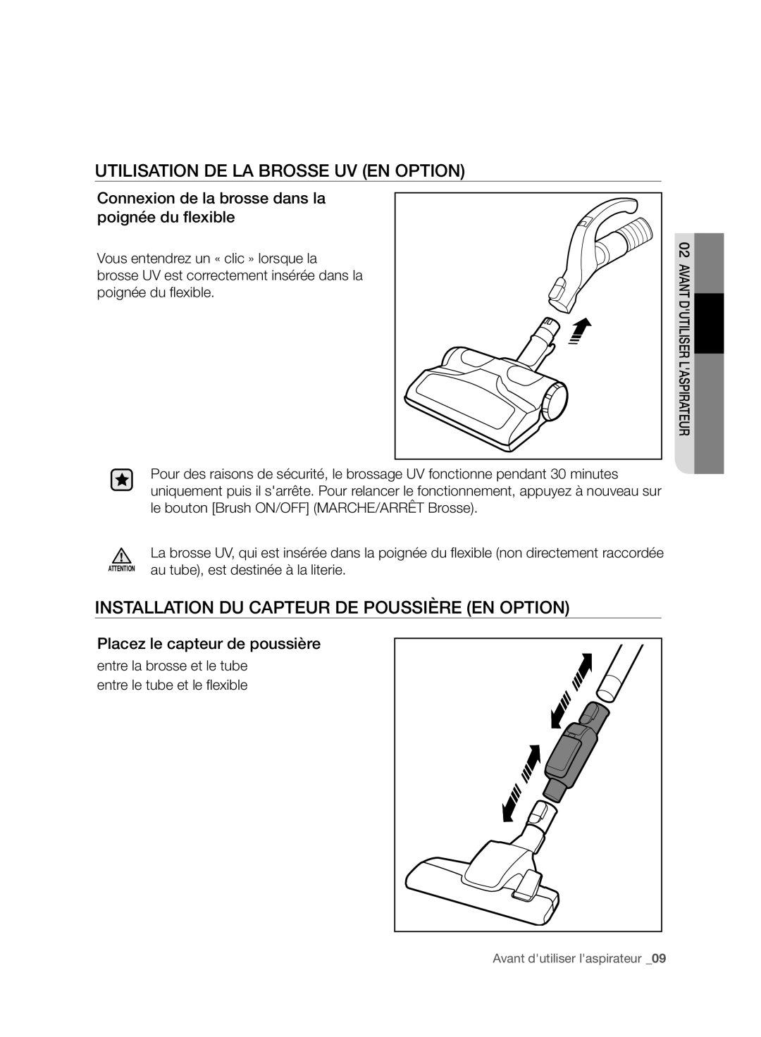 Samsung VC08F70HUSC/GE manual Utilisation DE LA Brosse UV EN Option, Installation DU Capteur DE Poussière EN Option 