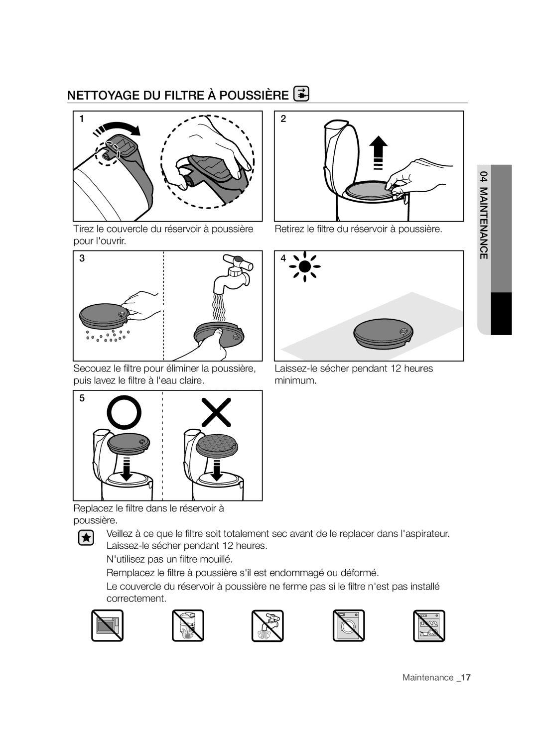 Samsung VC20F70HNAR/GE, VC20F70HNBN/GE, VC20F70HNAR/SW, VC08F70HUSC/SW, VC08F70HUSC/GE manual Nettoyage DU Filtre À Poussière 