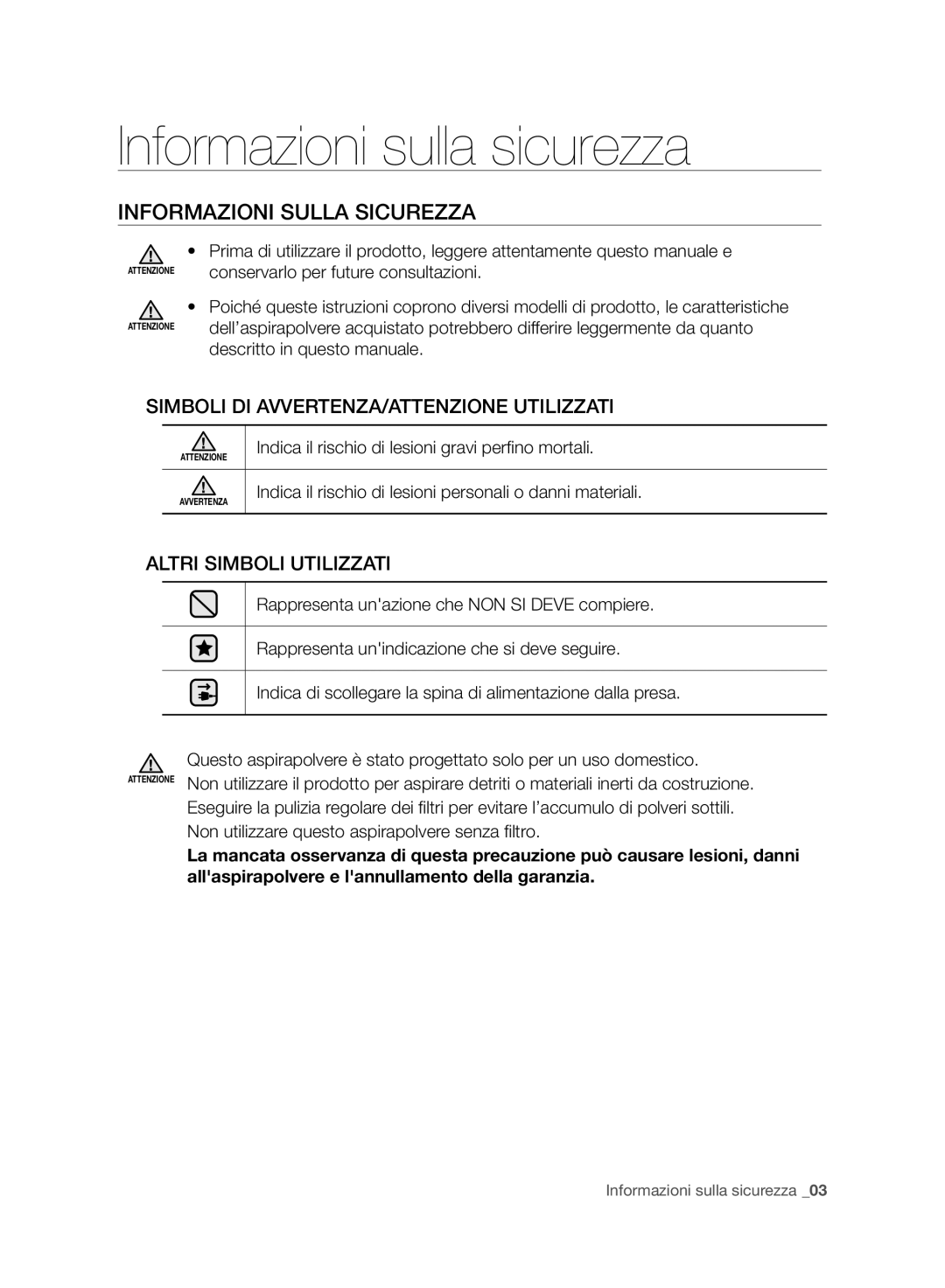 Samsung VC08F70HUSC/GE, VC20F70HNBN/GE, VC20F70HNAR/SW manual Informazioni sulla sicurezza, Informazioni Sulla Sicurezza 